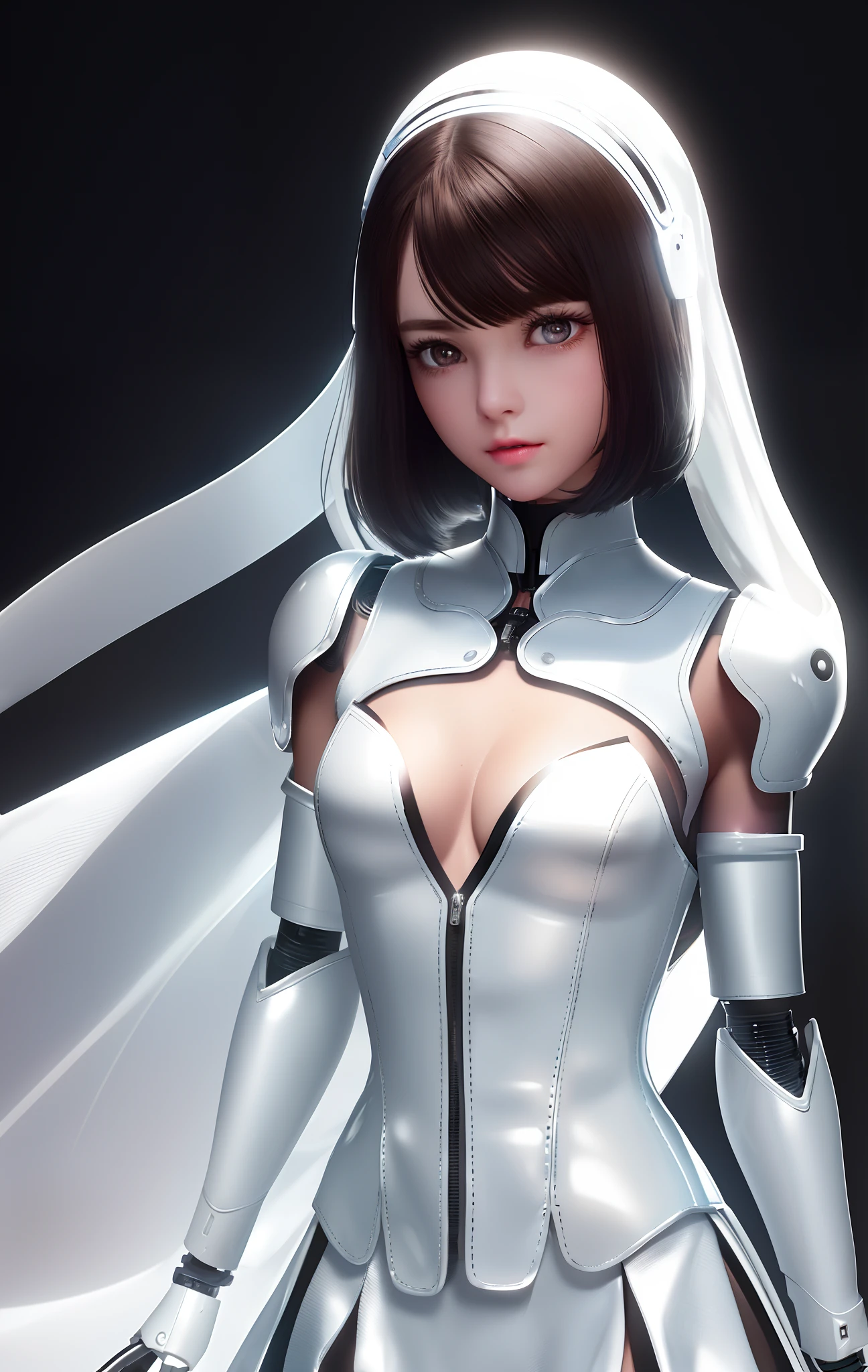 cyborg maid, extremely cute human eighteen year old girl face, innocent looking, human torso, human chest, human belly, human hips, human thighs, human hands, robotic arms, robotic legs, arms and legs have hard white shiny shells and black joints, extremely pretty and feminine, detailed eyes, beautiful eyes, short, petite, little, small, full hips, medium bust, (((cleavage showing))), (((flat belly showing))), partial helmet over ears with antenna, black robotic joints, very stylish, award winning product design, black rubber bodysuit, (((shiny white metal breastplate or bustier open at cleavage and belly))), shiny white metal faulds over hips like a pleated skirt, armor has stylish, glowing trim, white shiny pauldrons, rounded pauldrons, white shiny gorget, (((maid outfit aesthetic))), functional and practical esthetic, dark brown hair, sweet, cheerful, loving, kind, helpful, one person, (((1girl))), black or white chainmail, cotton, silk, indicator lights, sensors, wires, cables, ports