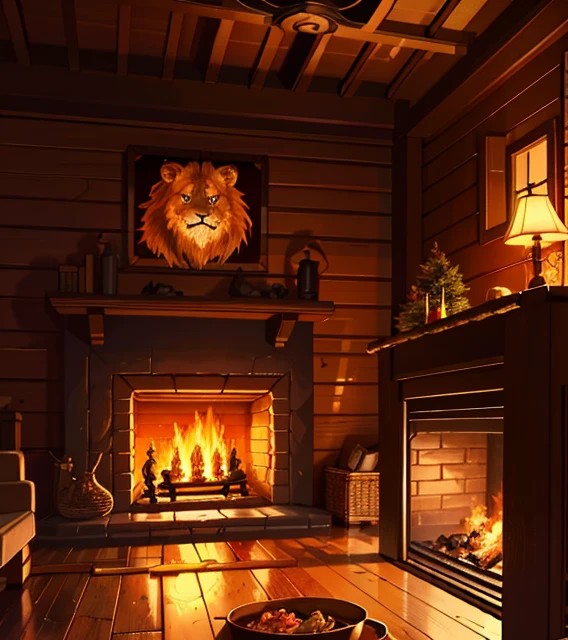 log cabin living room anime background, (cozy atmosphere), (subtle illumination), glowing fire from stone fireplace, lion skin mat. Tatsuya Endo, Greg Rutkowski, Pixiv, Artstation