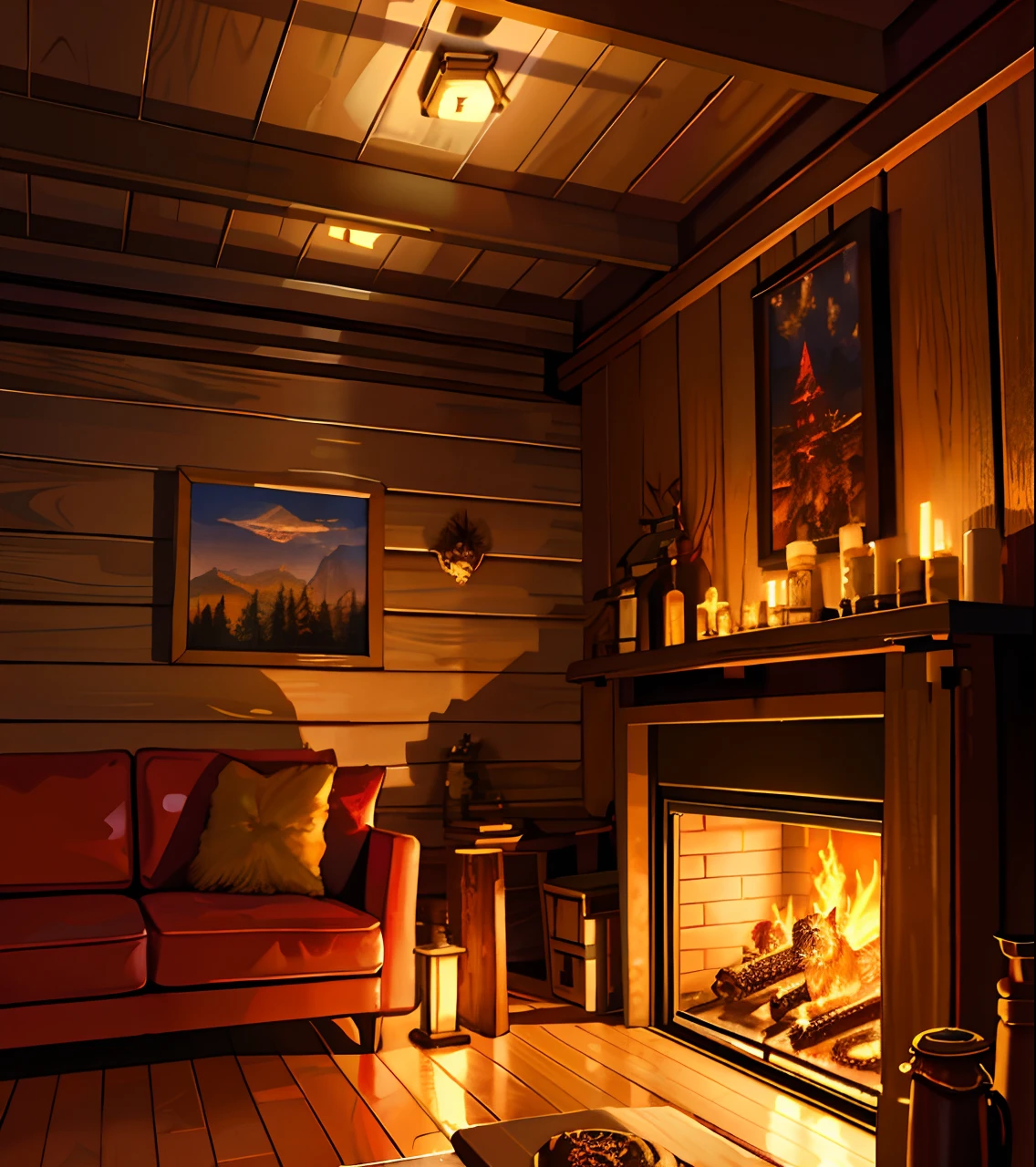 log cabin living room anime background, (cozy atmosphere), (subtle illumination), glowing fire from stone fireplace, lion skin mat. Tatsuya Endo, Greg Rutkowski, Pixiv, Artstation