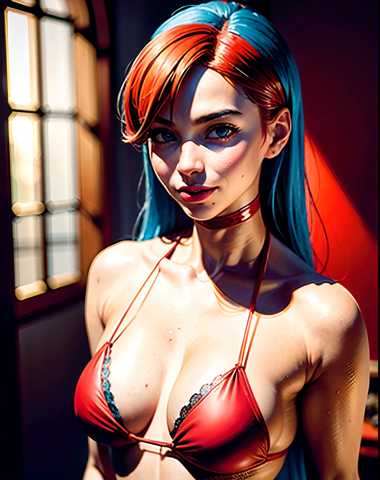 high angle photo of a gorgeous 37 year old woman, healthy skinny,short, small, realistic skin texture, looks up, big smile, big lips, little noose, sexy (red little bikini), (red hair with blue mops), blue hair mops, little boops, small boops,flexy boops, small tits,skinny, posing in the palace, smoky background, 1 / 2 body crop, 21 5 mm art lens, f 1. 1, sharp focus, 8 k high definition, insanely detailed, intricate, elegant, photorealistic, real life, big shoulder, little neck, long lash, full lips, big lower lip, full lips,