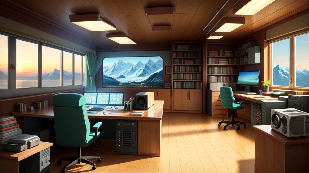 masterpiece, best quality, ultra-detailed, illustration, control room, landscape, speaker, clock, computer, interior, chair, table, monitor, instrument, window, ceiling light, light, shortcut, (male: 1.5)