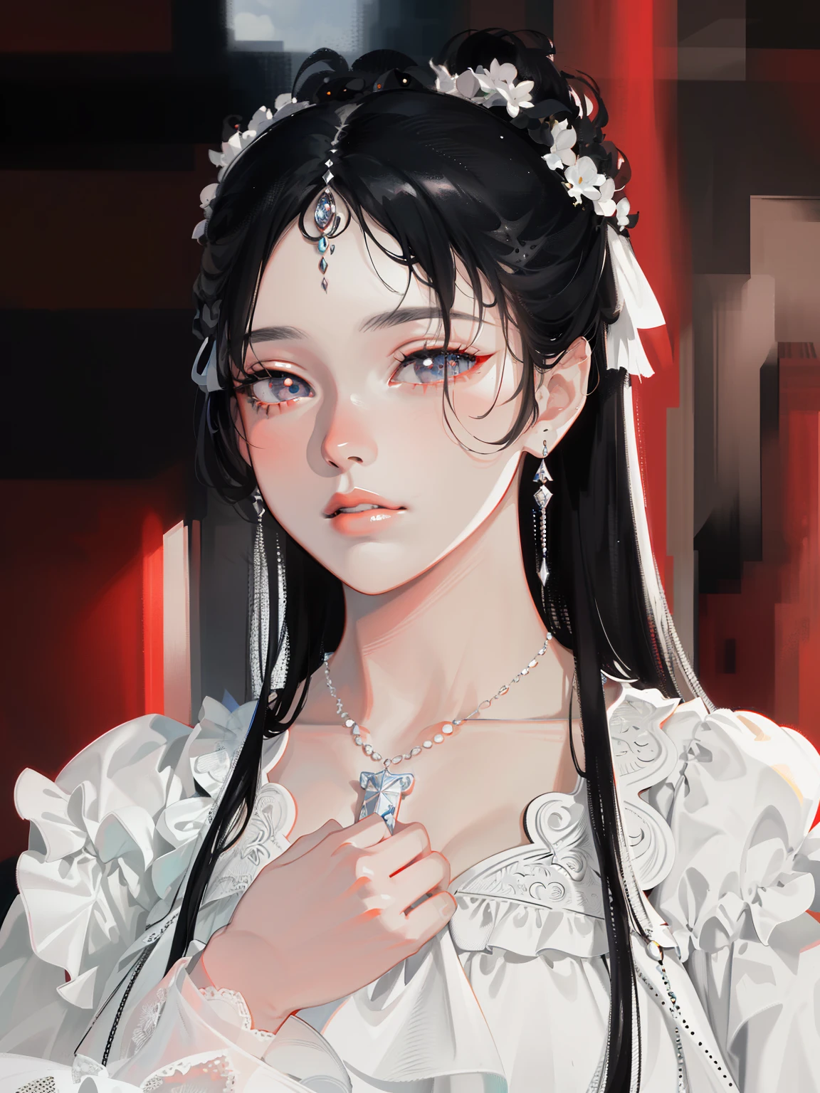 (Masterpiece, Monochrome, Color: 1.0), (Highest Quality: 1.2), (Ultra High Quality: 1.1), Masterpiece, Best Quality, (Very Detailed CG Unity 8k Wallpaper), (HD Details), (Best Illustration), (Best Shading), Realistic Lighting, Costume Girl, Girl Portrait, Satin Dress, Jewelry, Red Lips, Beautiful, Big Eyes,