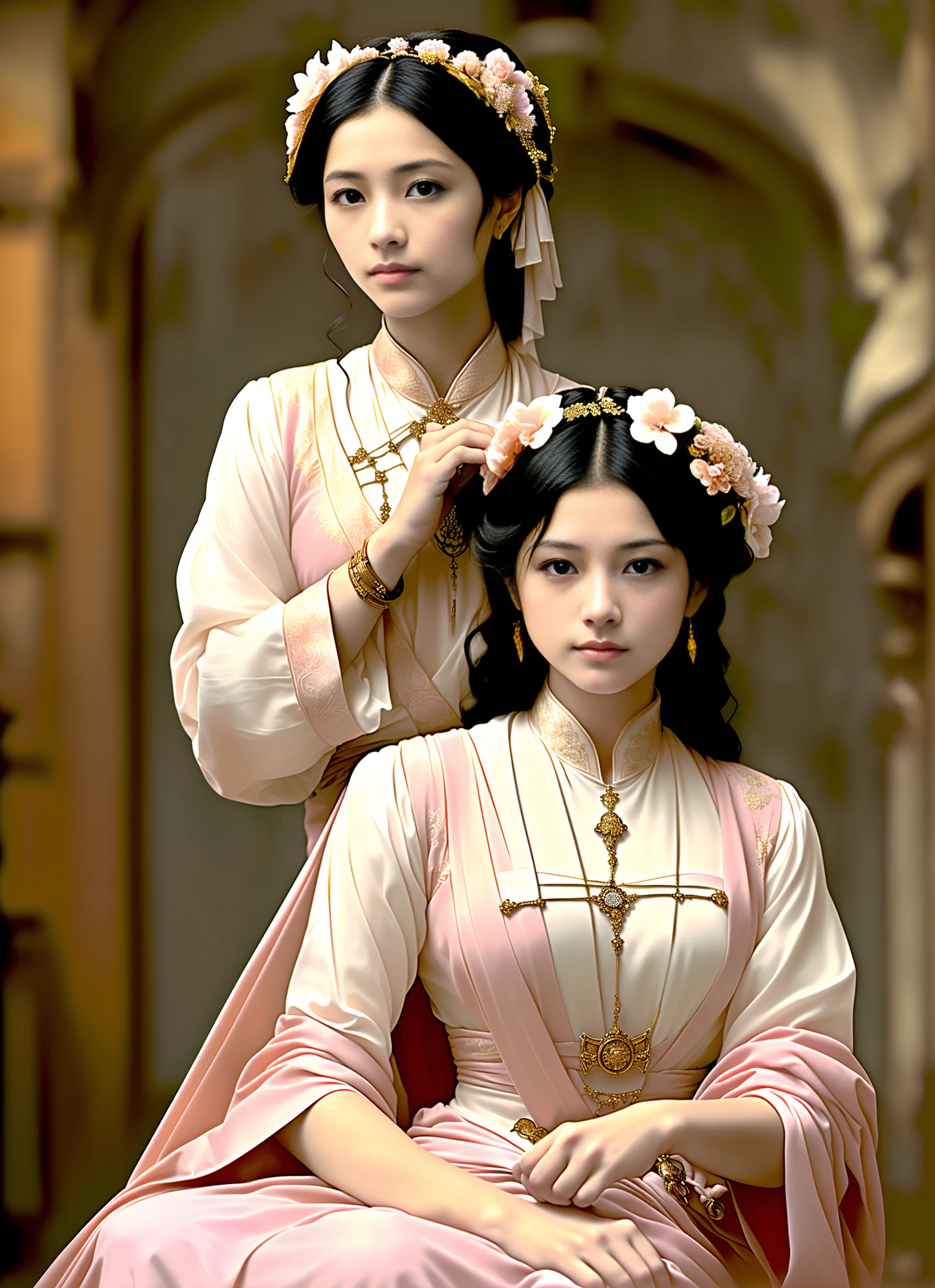 snthwve style nvinkpunk (symmetry:1.1) (portrait of floral:1.05) a woman as a beautiful goddess, (assassins creed style:0.8), pink and gold and opal colour scheme, 漂亮的复杂文件网格面漆,复杂,优雅,细节丰富, 数字绘画, artstation, 概念艺术, 流体, 清晰的焦点, 插图, greg rutkowski 和 alphonse mucha 的艺术, 8k