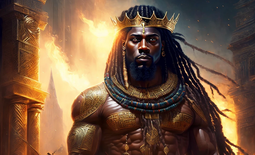 Highly (dynamic:1.2) scene art detailed (rutkowski:1.2), ((pharaoh crown of ramses II)), handsome, (dark skin), ((long woven dreadlocks)) ((muscular)), (fantastic amazing decoration:1.2), explosive volumetric, Delightful anatomy, (fantastic god perfect art, 64k ultra hd:1.1), (art by apterus, art by dan mumford:1.2)
