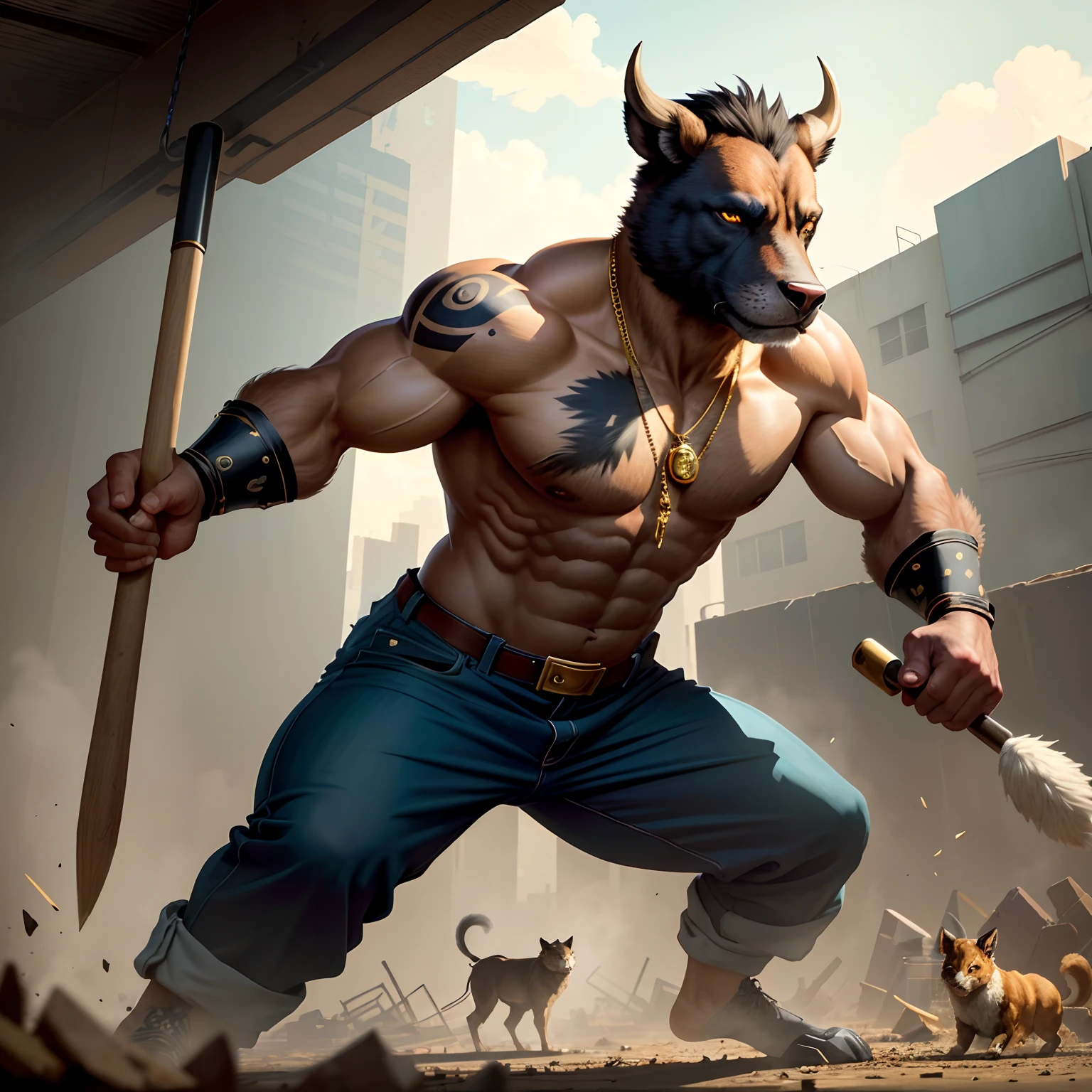((best quality)), ((ultradetailed)), ((masterpiece)), Photo, Scene: Spacious abandoned warehouse, Subject: Anthropomorphic animal mafia, Character: Buffalo, Appearance: Muscular, Action: Fighting stance, Expression : Ferocious, holding baseball bat, gold necklace, topless, sporting mafia tattoos, View Angle: 4K.