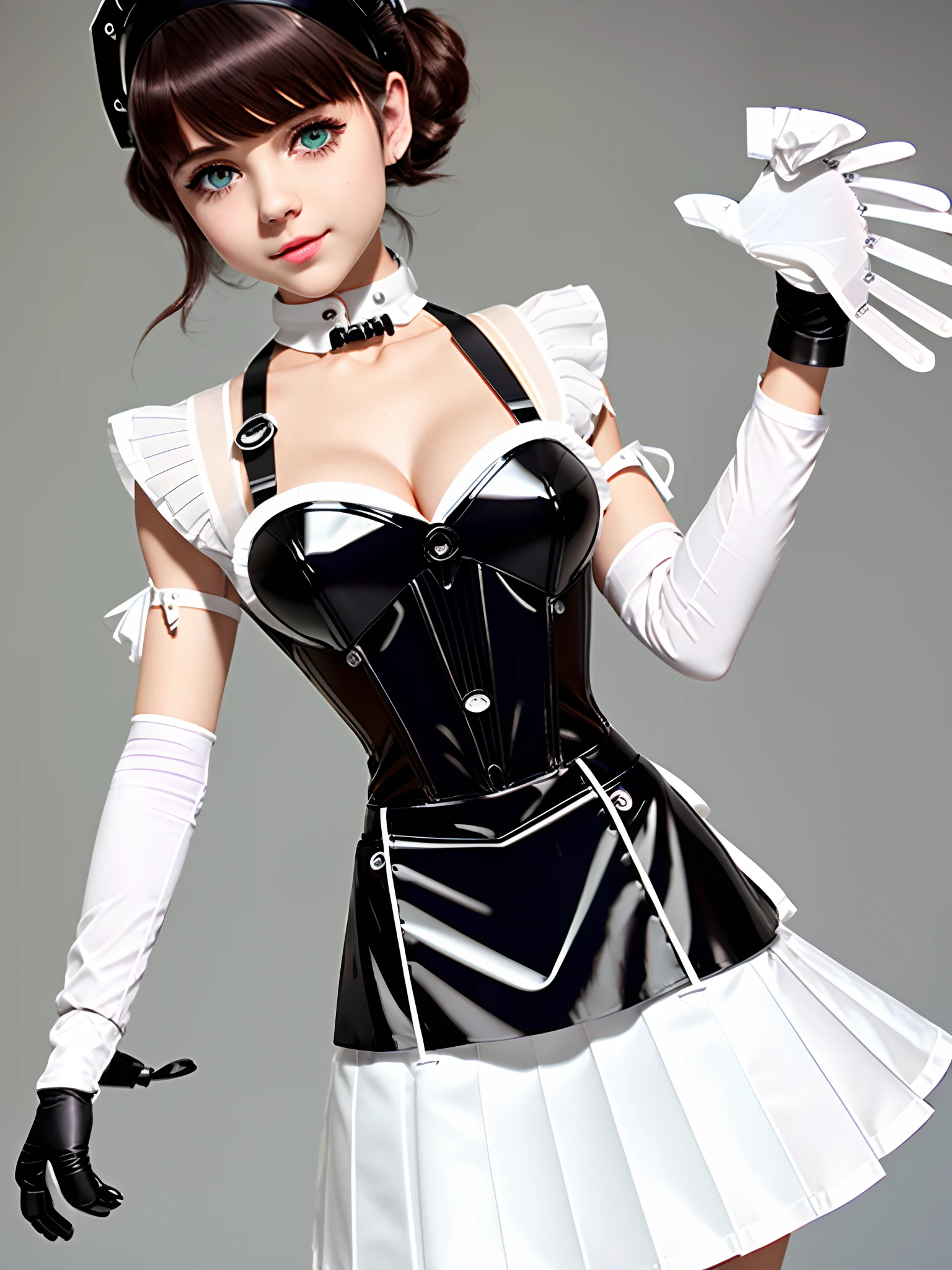 cyborg maid, hazel eyes, extremely cute human eighteen year old girl face, innocent looking, human torso, human chest, human belly, human hips, human thighs, human hands, robotic arms, robotic legs, extremely pretty and feminine, detailed eyes, beautiful eyes, short, petite, little, small, medium hips, small bust, (((slight cleavage showing))), partial helmet over ears with antenna, black robotic joints, very stylish, award winning design, (((black hard shiny bustier))), (((white pleated skirt))), gorget matching bustier, (((maid outfit aesthetic))), functional and practical esthetic, dark brown hair, short hair, sweet, cheerful, loving, kind, helpful, one person, (((1girl))), black or white chainmail, cotton, silk, (((integral apron))), (((white gloves))), thigh highs, white fringe on bustier, white fringe on helmet