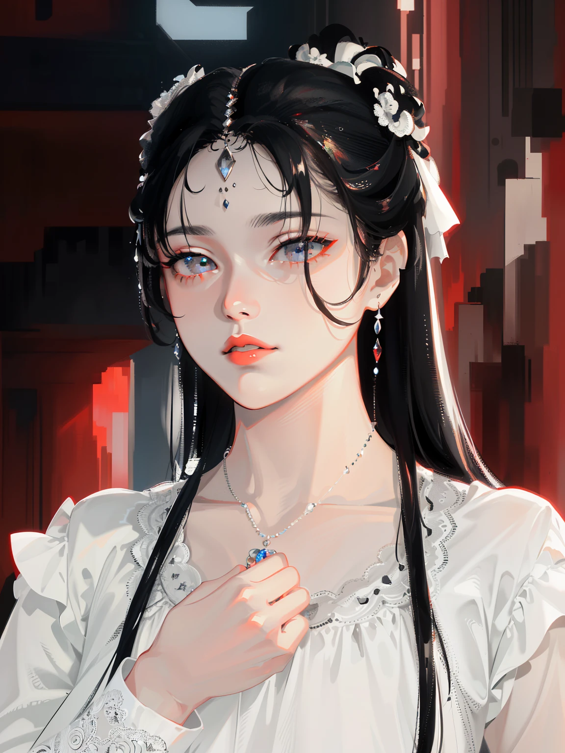 (Masterpiece, Monochrome, Color: 1.0), (Highest Quality: 1.2), (Ultra High Quality: 1.1), Masterpiece, Best Quality, (Very Detailed CG Unity 8k Wallpaper), (HD Details), (Best Illustration), (Best Shading), Realistic Lighting, Costume Girl, Girl Portrait, Satin Dress, Jewelry, Red Lips, Beautiful, Big Eyes,