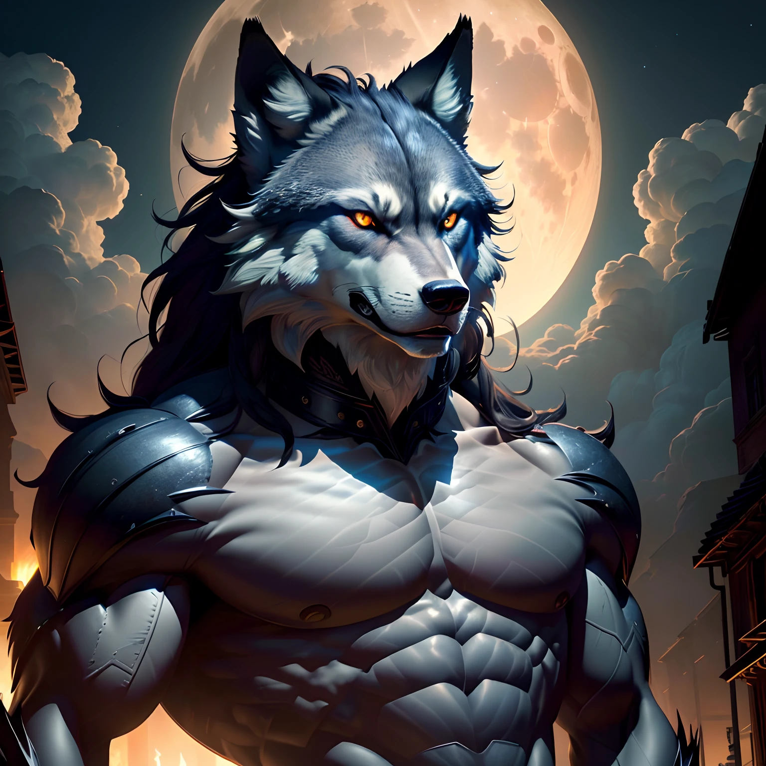 Masterpiece, best quality, wolf head, skin details, gorgeous background, huge moon, scarlet eyes, long side hairs, huge muscles, monsters behind, character backlighting (very detailed CG unified 8k wallpaper), (best quality), (best illustration), werewolves, (best shadows), ridiculous, realistic lighting, (abyss), fine details, Peter Morbach's work, smoke, clouds, distorted gas,