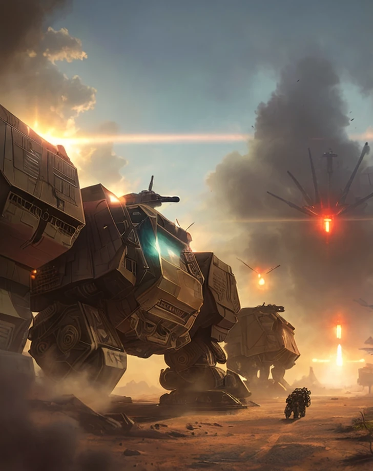 (extremely detailed CG unity 8k wallpaper, masterpiece, best quality, ultra-detailed), futuristic battlefield, invincible hero, mechanical armor, future warrior, half-human half-machine, dynamic lighting and shadows, gritty and dusty.