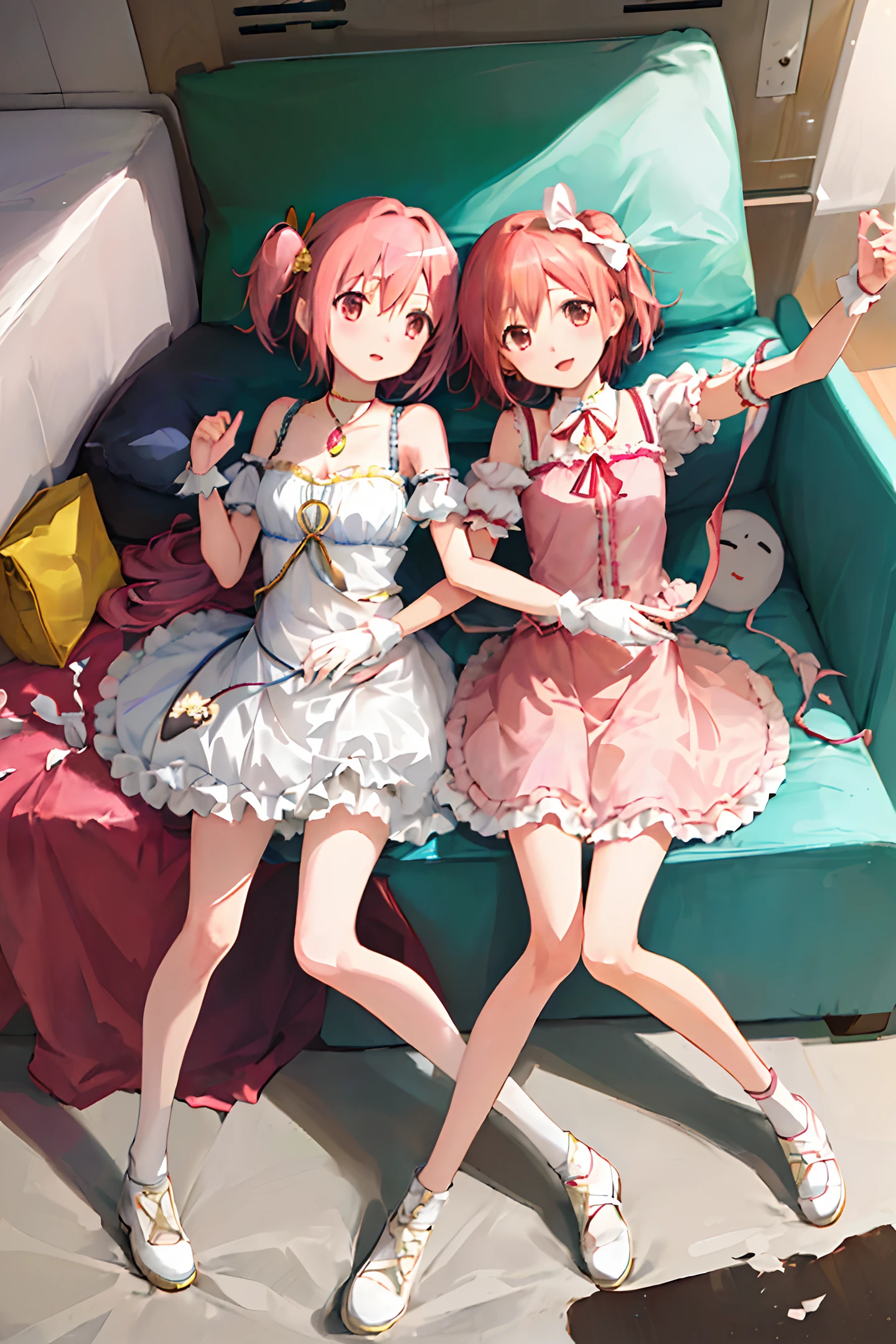 ((masterpiece,best quality)),2girls, kaname madoka, miki sayaka, madoka magica, cute girls, holding hand