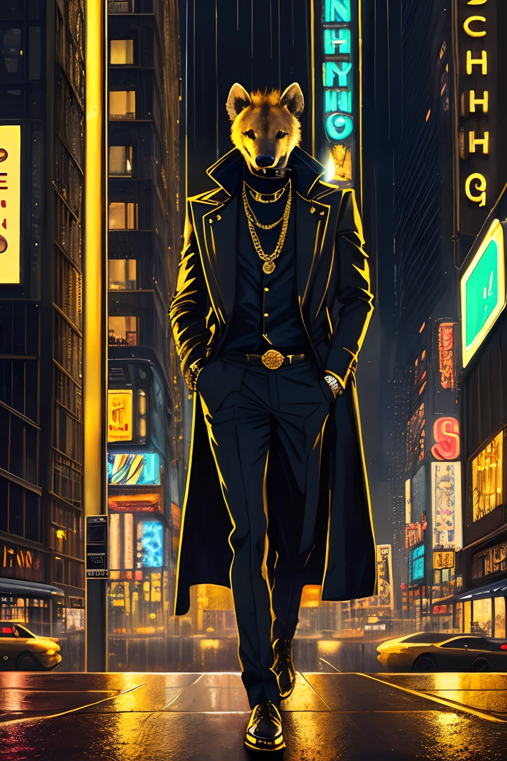 ((realistic)), ((detailed)), illustration, scene perspective (urban setting), character appearance (hyena-headed and humanoid body wearing a sleek overcoat, gold chains, and rings while smoking a cigar amidst a rainy night with an imposing air), background elements (wet streets reflecting the city lights, neon signs and buildings in the background).