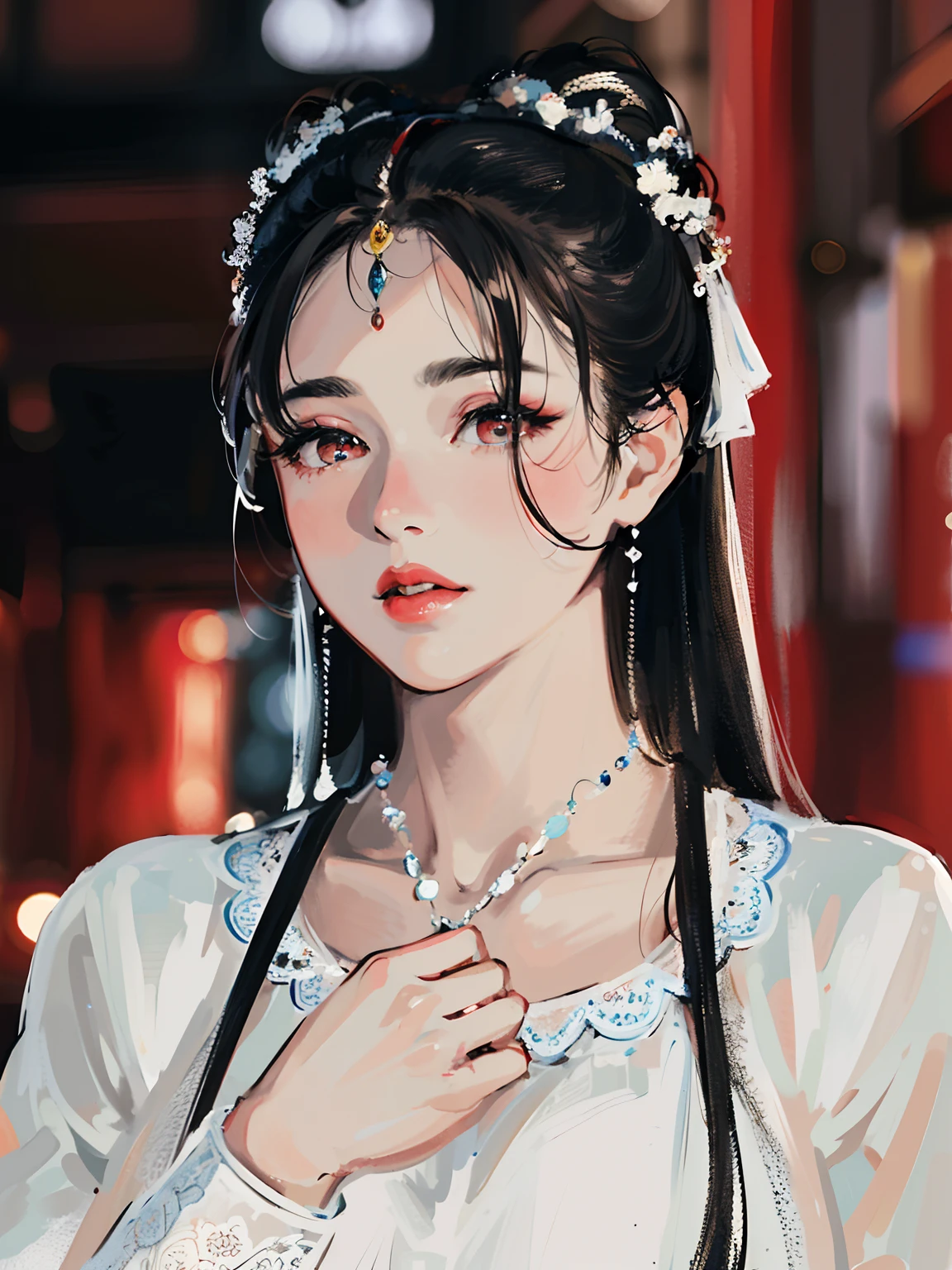 (Masterpiece, Monochrome, Colorful: 1.0), (Maximum Quality: 1.2), (Ultra High Quality: 1.1), Masterpiece, Best Quality, (Very Detailed CG Unity 8k Wallpaper), (High Detailed), (Best Illustration), ( Best Shadow), Realistic Lighting, costume girl,portrait of a girl, gauze skirt,jewelry, Red Lips, Beautiful, Big Eyes，