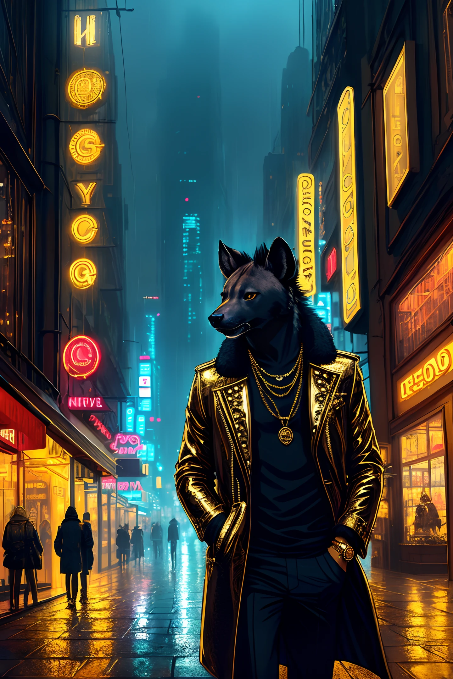 ((Realistic)), ((detailed)), illustration, scene perspective (city background), character appearance (hyena head and human body wearing a smooth coat, gold chains, and rings, smoking cigars on an imposing rainy night), background elements (damp streets, neon lights, and buildings reflecting the city's lights).