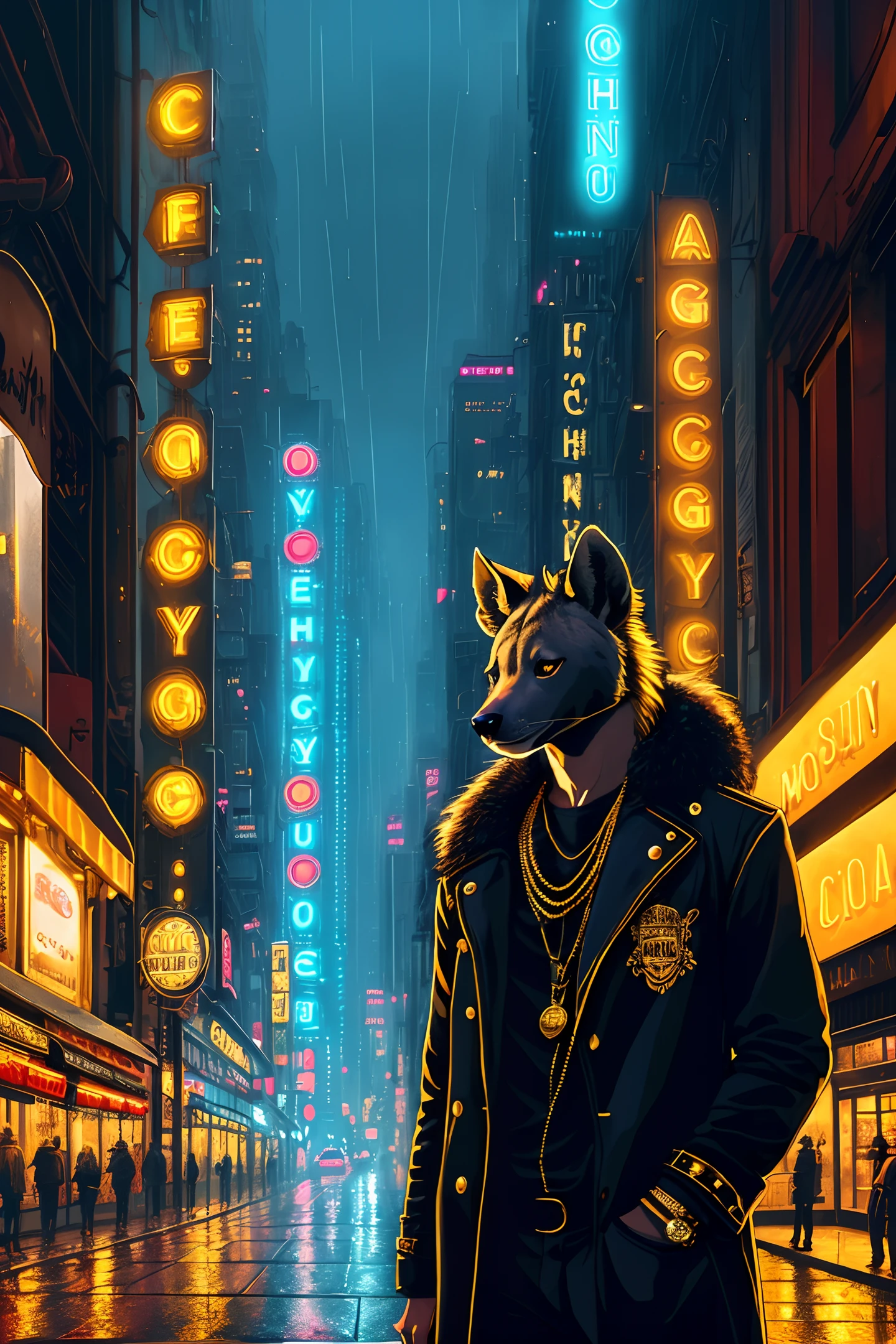 ((Realistic)), ((detailed)), illustration, scene perspective (city background), character appearance (hyena head and human body wearing a smooth coat, gold chains, and rings, smoking cigars on an imposing rainy night), background elements (damp streets, neon lights, and buildings reflecting the city's lights).
