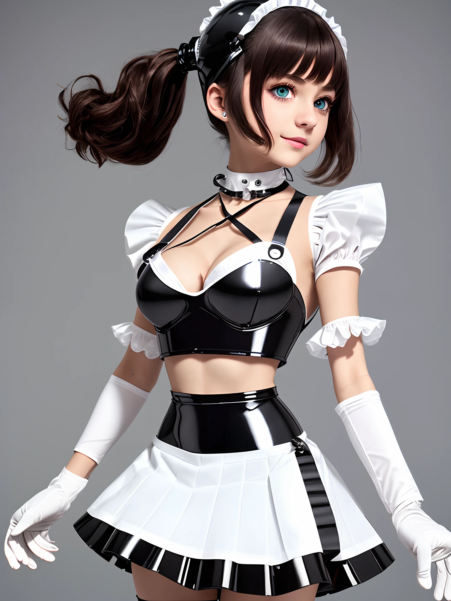 cyborg maid, hazel eyes, extremely cute human eighteen girl face, innocent looking, human torso, human chest, human belly, human hips, human thighs, human hands, robotic arms, robotic legs, extremely pretty and feminine, detailed eyes, beautiful eyes, short, petite, little, small, medium hips, small bust, (((slight cleavage showing))), partial helmet over ears with antenna, black robotic joints, very stylish, award winning design, (((black hard shiny bustier))), (((white pleated skirt))), gorget matching bustier, (((maid outfit aesthetic))), functional and practical esthetic, dark brown hair, short hair, sweet, cheerful, loving, kind, helpful, one person, (((1girl))), black or white chainmail, cotton, silk, (((integral apron))), (((white gloves))), thigh highs, white frill on bustier, white frill on helmet, white frilly or puffy sleeves