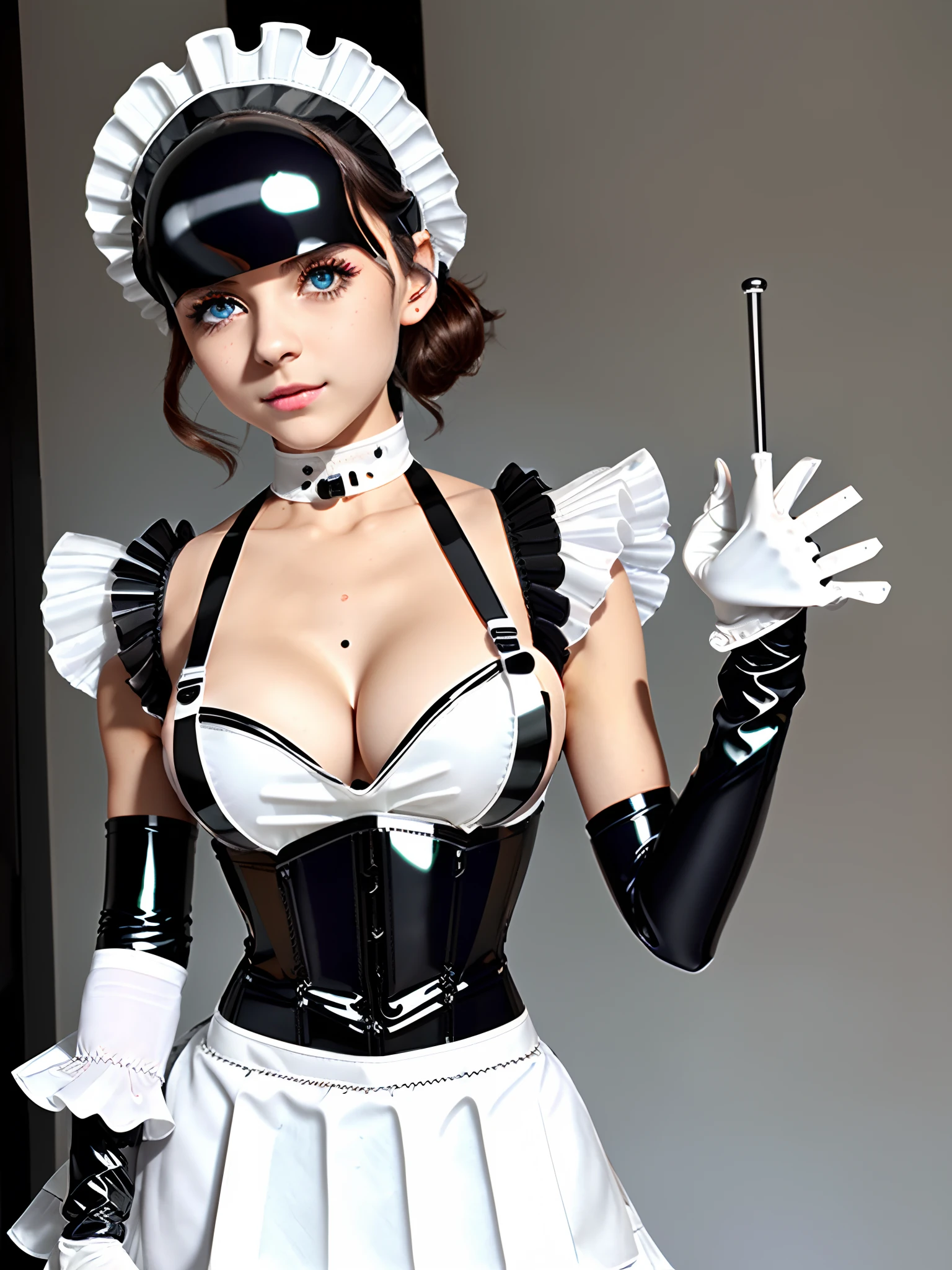 cyborg maid, hazel eyes, extremely cute human eighteen year old girl face, innocent looking, human torso, human chest, human belly, human hips, human thighs, human hands, robotic arms, robotic legs, extremely pretty and feminine, detailed eyes, beautiful eyes, short, petite, little, small, medium hips, small bust, (((slight cleavage showing))), partial helmet over ears with antenna, black robotic joints, very stylish, award winning design, (((black hard shiny bustier))), (((white pleated skirt))), gorget matching bustier, (((maid outfit aesthetic))), functional and practical esthetic, dark brown hair, short hair, sweet, cheerful, loving, kind, helpful, one person, (((1girl))), black or white chainmail, cotton, silk, (((integral apron))), (((white gloves))), thigh highs, white frill on bustier, white frill on helmet, white frilly or puffy sleeves