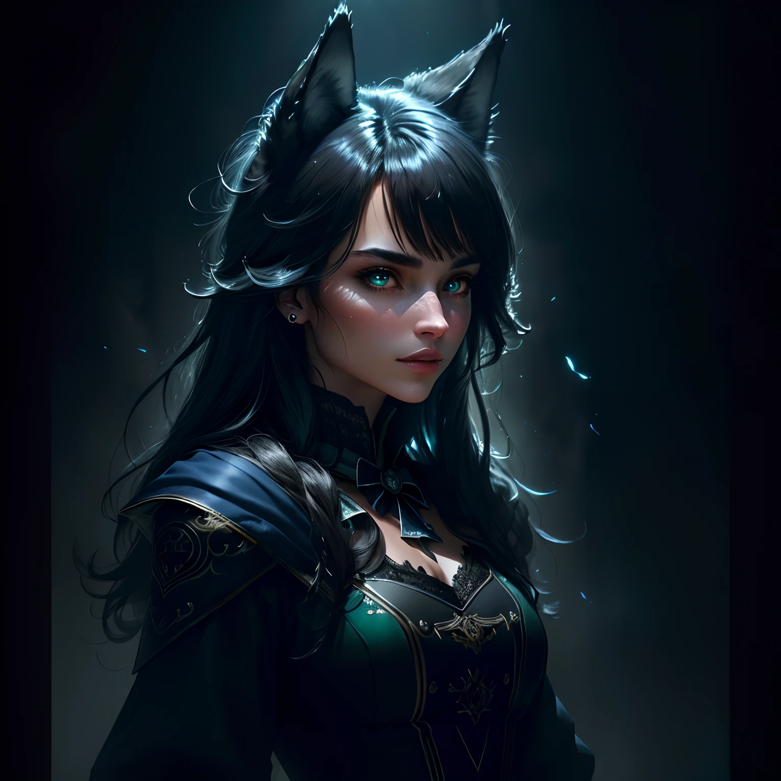 masterpiece, best quality, dark environment, backlight, blue moon, wolf, wolf head, wolf hair, (very detailed CG unified 8k wallpaper), (best quality), (best illustration), bow-waist werewolf, close-up, focused face, depth of field, blurred background, black forest, (best shadows), detailed green eyes, ridiculous, realistic lighting, (abyss), beautifully detailed, Peter Morbach's work, fog, fog,