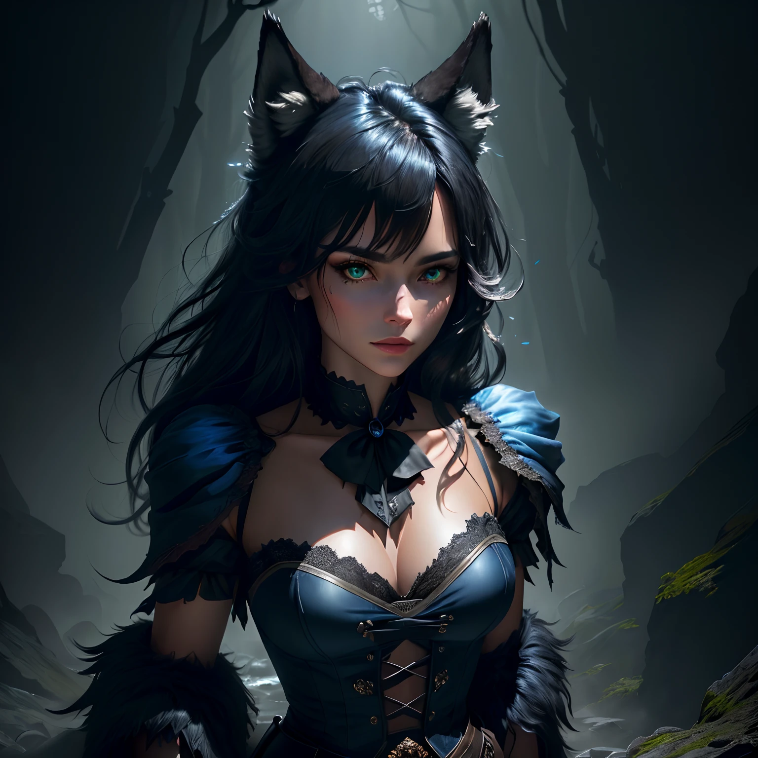 masterpiece, best quality, dark environment, backlight, blue moon, wolf, wolf head, wolf hair, (very detailed CG unified 8k wallpaper), (best quality), (best illustration), bow-waist werewolf, close-up, focused face, depth of field, blurred background, black forest, (best shadows), detailed green eyes, ridiculous, realistic lighting, (abyss), beautifully detailed, Peter Morbach's work, fog, fog,