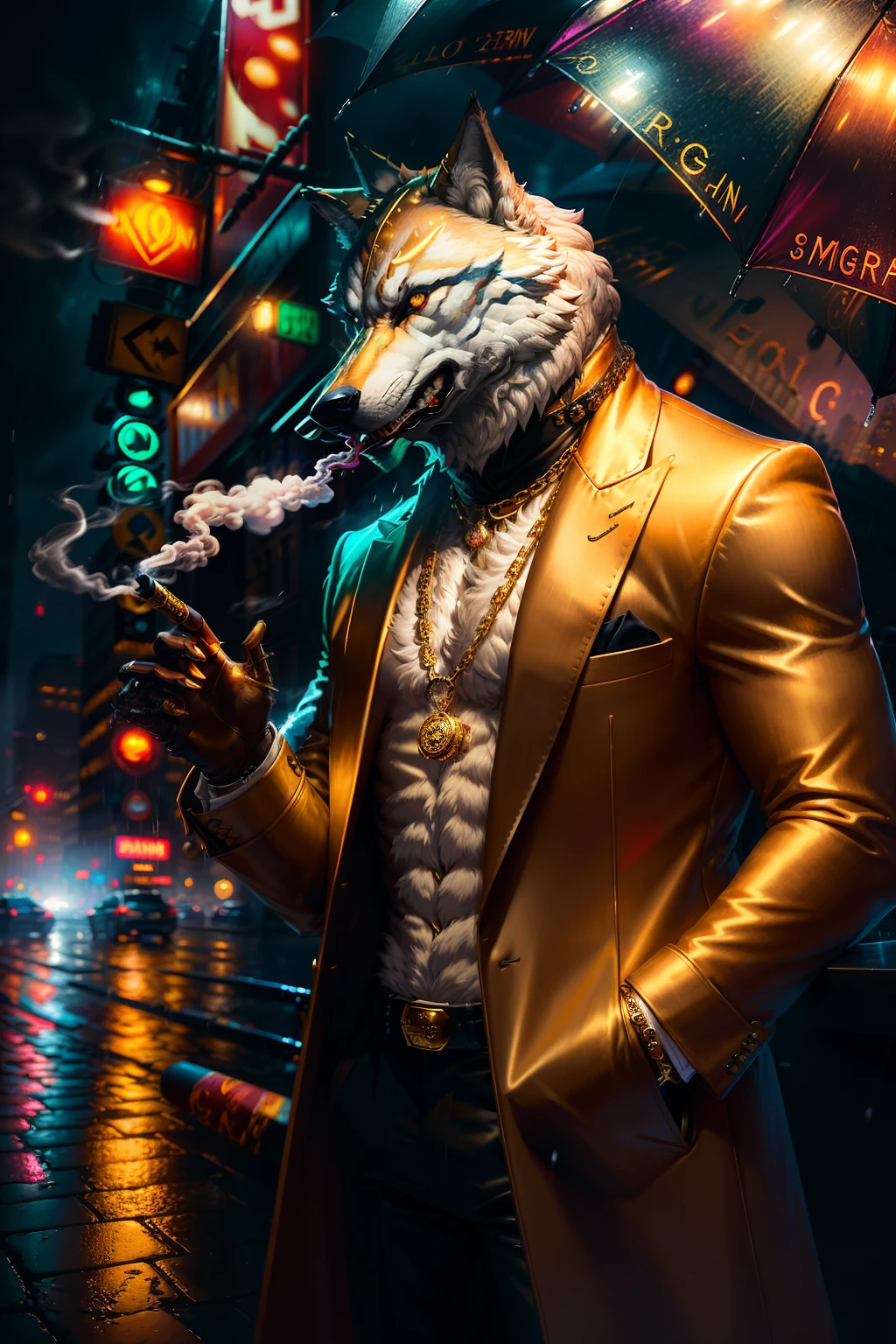 ((realistic)), ((detailed)), illustration, scene perspective (urban setting), character appearance (wolf-headed and humanoid body wearing a sleek overcoat, gold chains, and rings while smoking a cigar amidst a rainy night with an imposing air), background elements (wet streets reflecting the city lights, neon signs and buildings in the background).