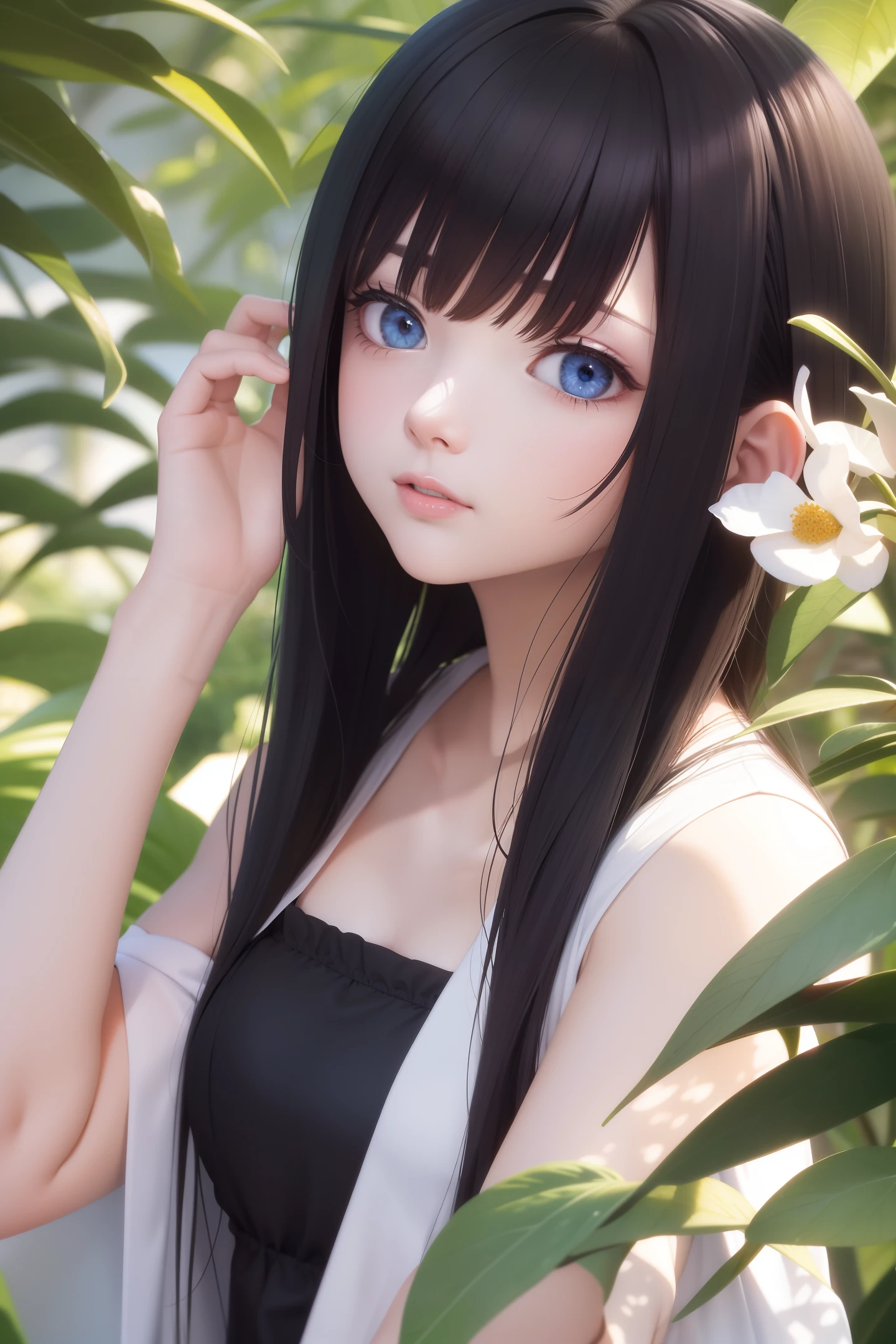 best quality, masterpiece, black hair, blue eyes, look up, upper body