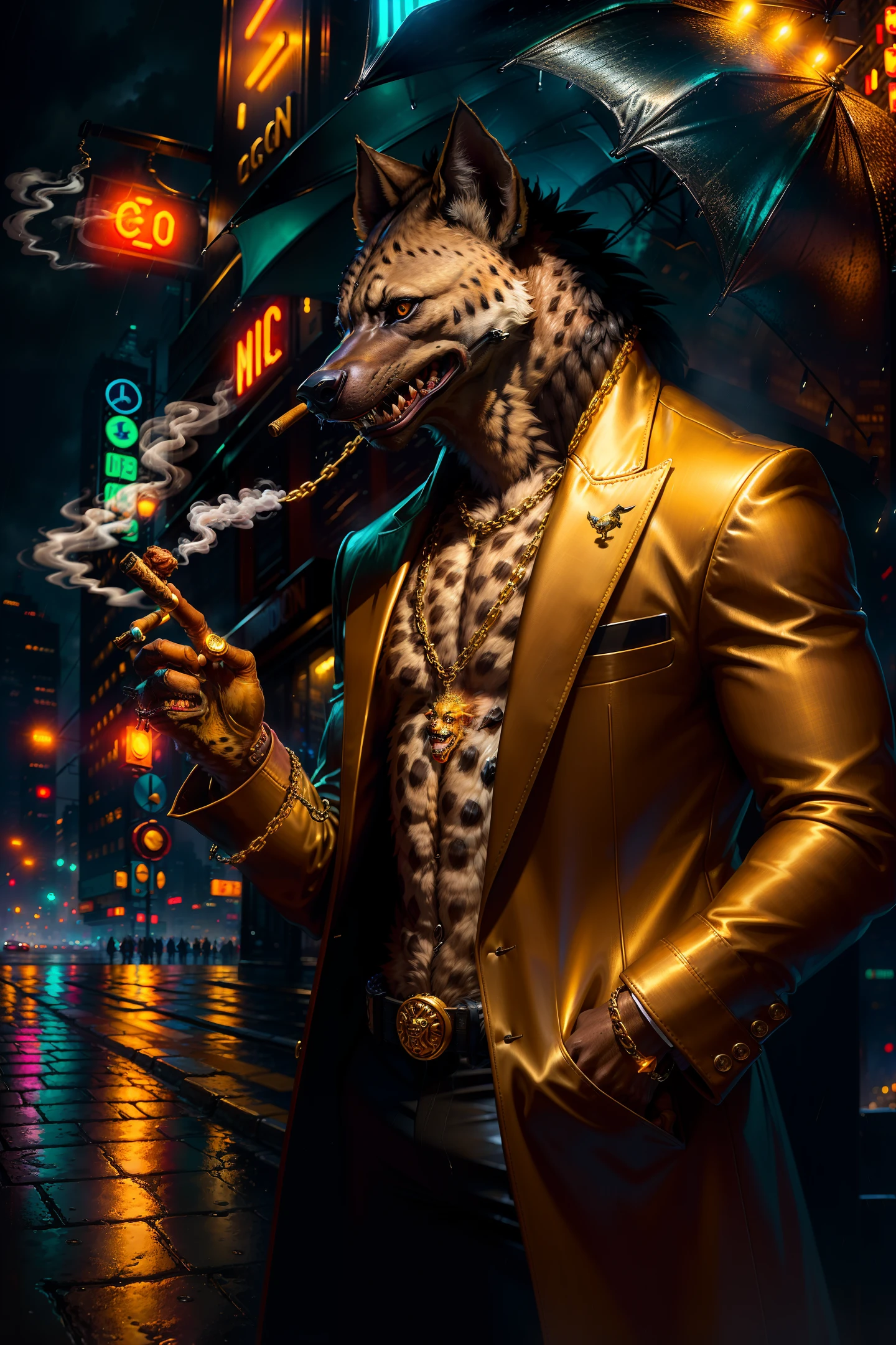 ((realistic)), ((detailed)), illustration, scene perspective (urban setting), character appearance (hyena-headed and humanoid body wearing a sleek overcoat, gold chains, and rings while smoking a cigar amidst a rainy night with an imposing air), background elements (wet streets reflecting the city lights, neon signs and buildings in the background).
