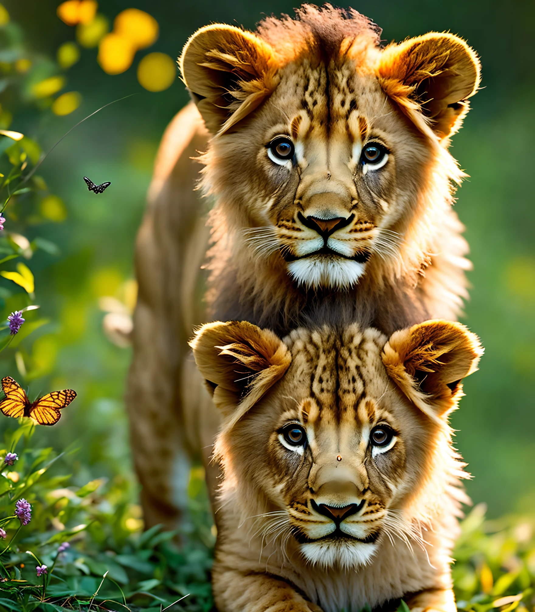 Award-winning portrait of a happy lion cub on the forest floor, bright, beautiful eyes, backlit butterflies, furry, bokeh, backlit, octane, unreal, epic composition
