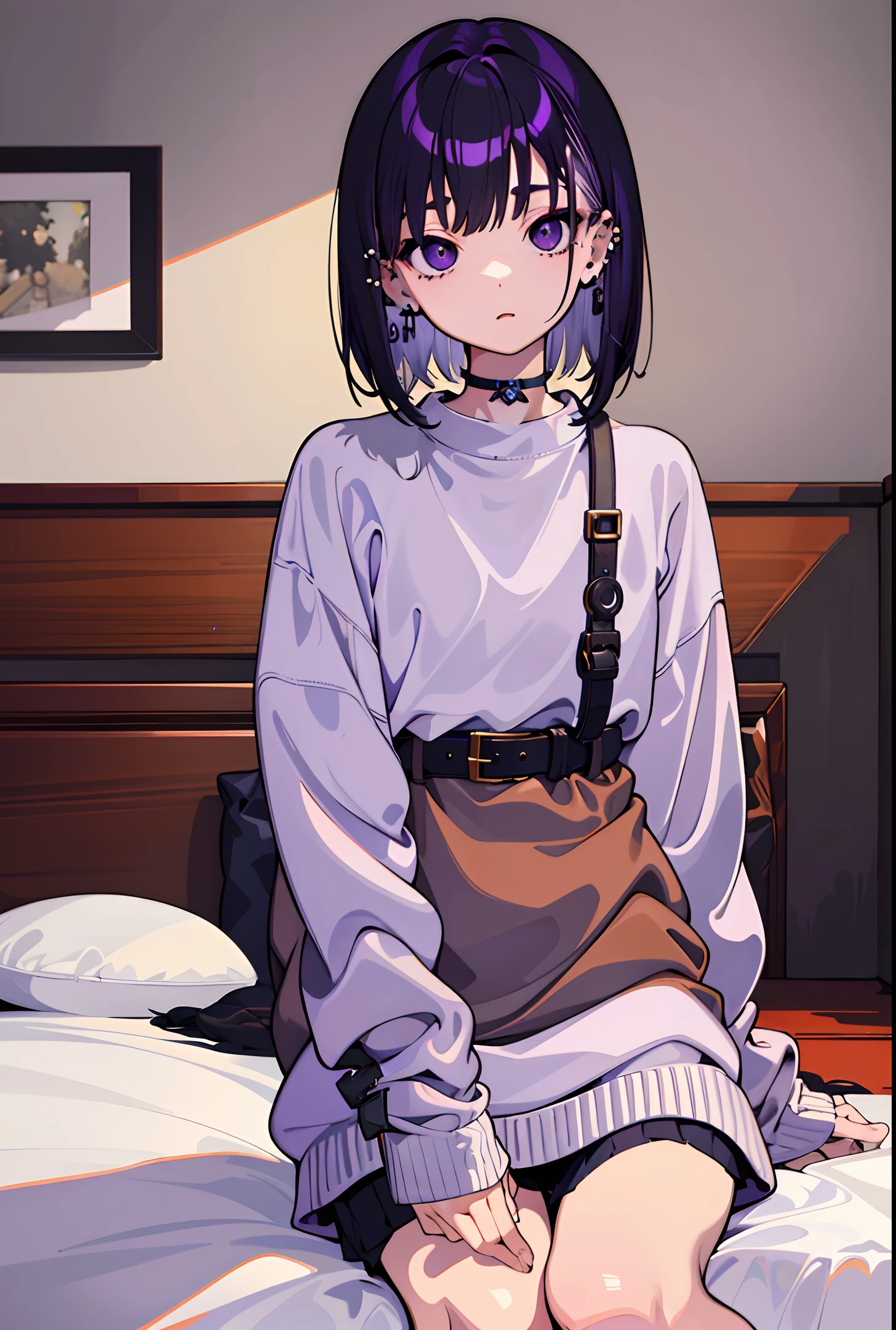 masterpiece, absurdres, depth of field, indoors, bedroom, sitting on bed, 1girl, solo, cute, (only wearing baggy oversized sweater covering down to the hips), very long sleeves, 50mm portrait, delicate facial features, semi realistic, sharp focus, ultra detailed, black, short bob-cut purple hair, dead eyes, piercings
