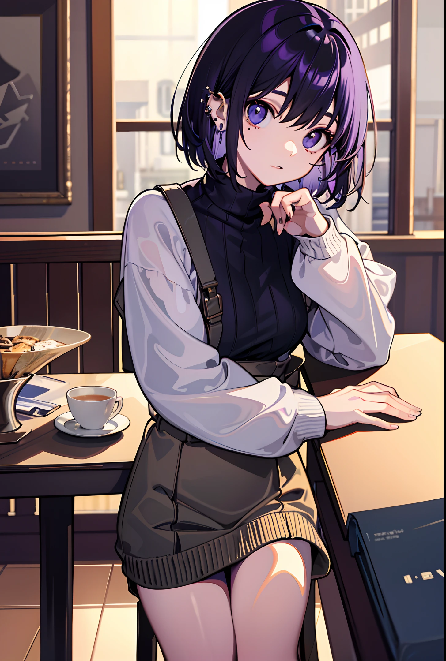 masterpiece, absurdres, depth of field, indoors, outside of cafe streets visible, sitting on chair while leaning on table, 1girl, solo, beautiful, (only wearing baggy oversized sweater covering down to the hips), very long sleeves, 50mm portrait, delicate facial features, semi realistic, sharp focus, ultra detailed, black, short bob-cut purple hair, dead eyes, piercings