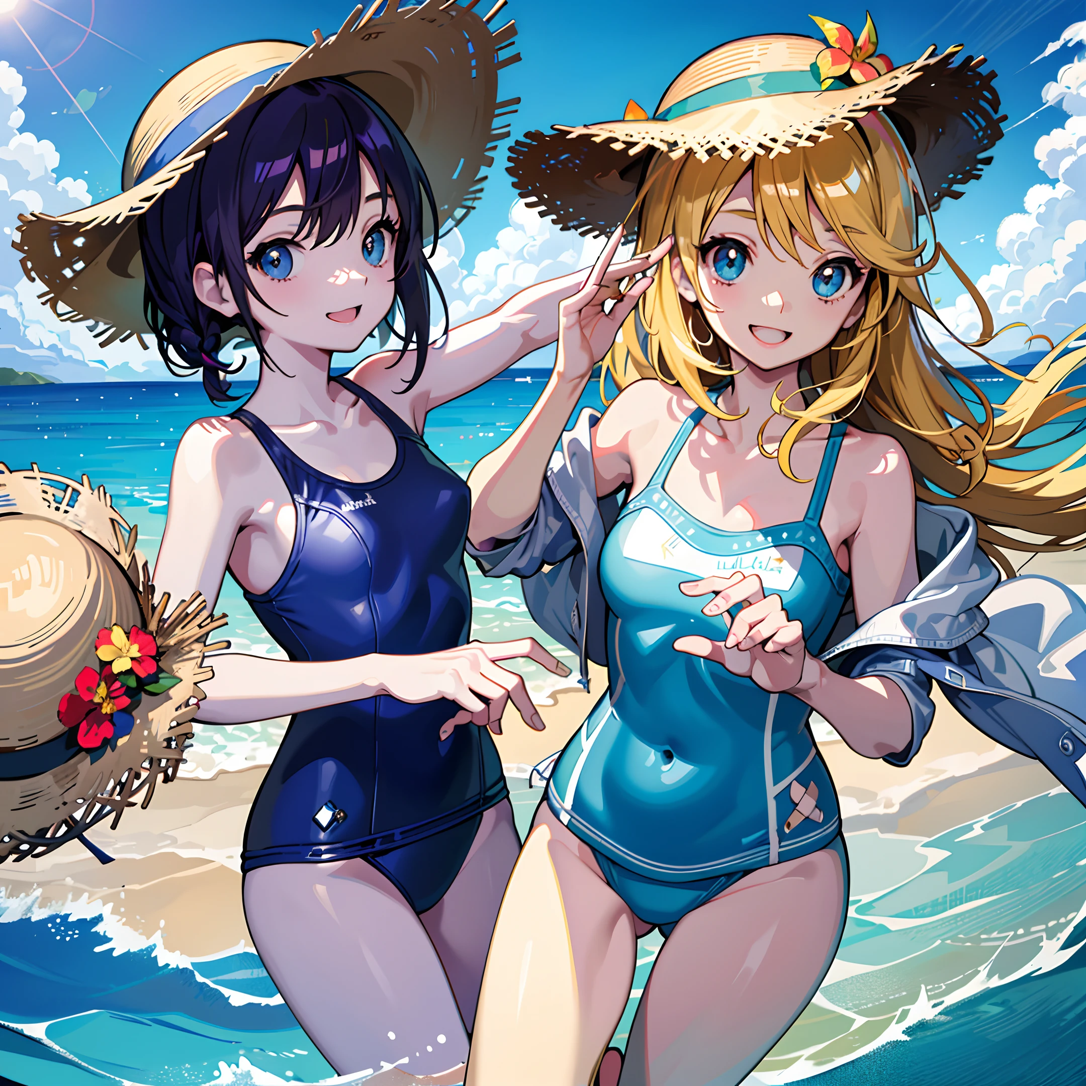 masterpiece, absurdres, depth of field, 2girls, cute, swimsuit, straw hat, 50mm portrait, cute facial features, smiling, joy, semi realistic, sharp focus, ultra detailed, light blue, sparkling eyes, sunny beach, shores, clouds, friends playing on the beach