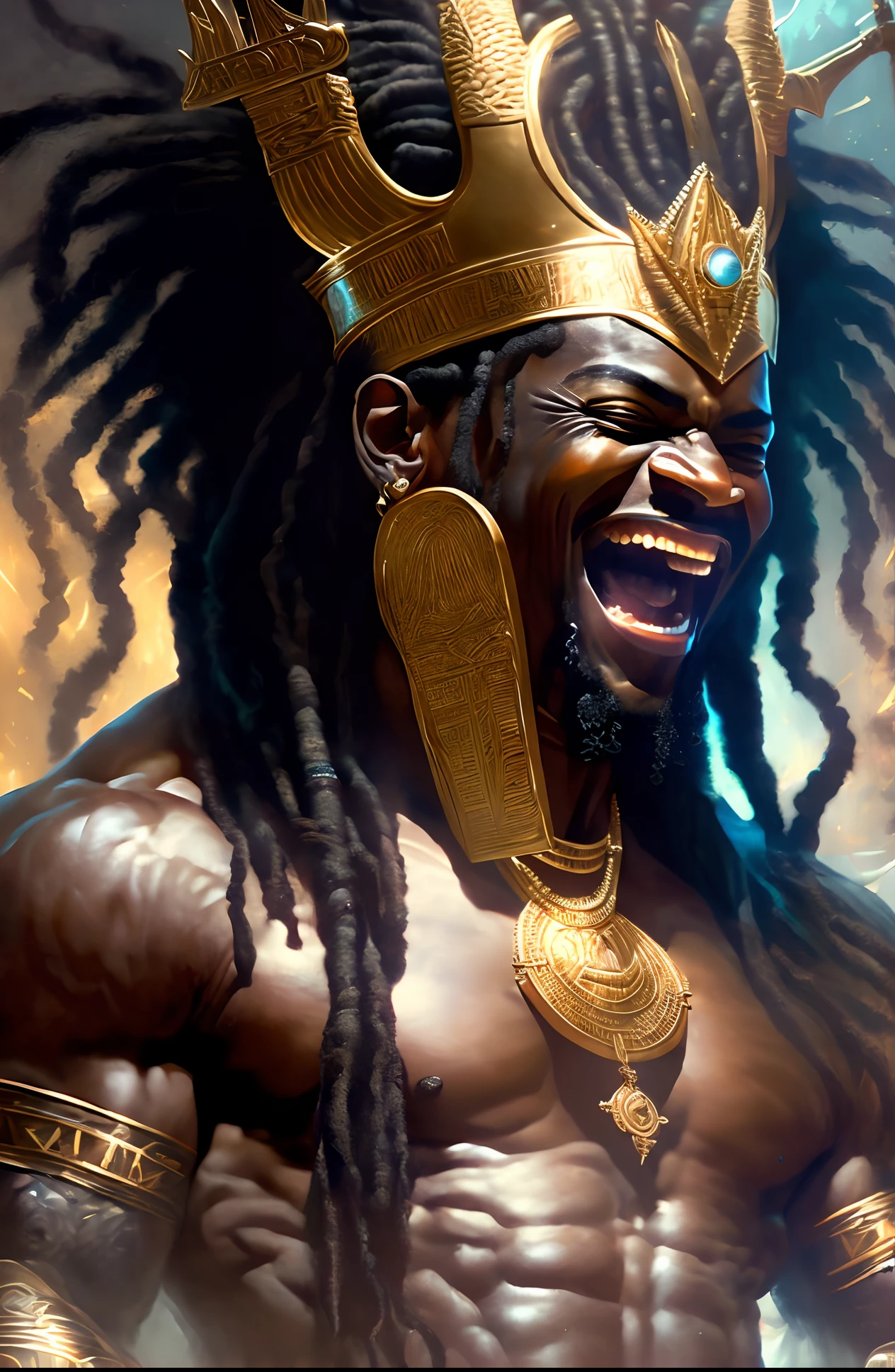 Highly (dynamic:1.2) scene art detailed (rutkowski:1.2), ((pharaoh crown of ramses II)), (laughing), handsome, (dark skin), ((long woven dreadlocks)) ((muscular)), (fantastic amazing decoration:1.2), explosive volumetric, Delightful anatomy, (fantastic god perfect art, 64k ultra hd:1.1), (art by apterus, art by dan mumford:1.2)