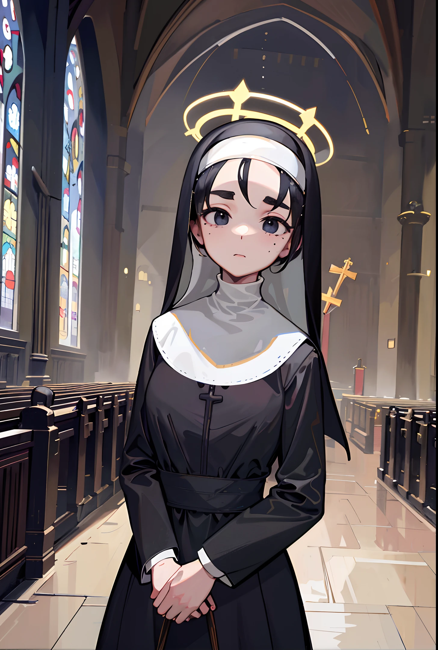 masterpiece, absurdres, depth of field, indoors, church exterior, praying, 1girl, solo, beautiful, (nun outfit), 50mm portrait, motherly facial features, semi realistic, sharp focus, ultra detailed, black, long white hair, half closed eyes, thick eyebrows, halo, big chest, candid shot, mole on cheek