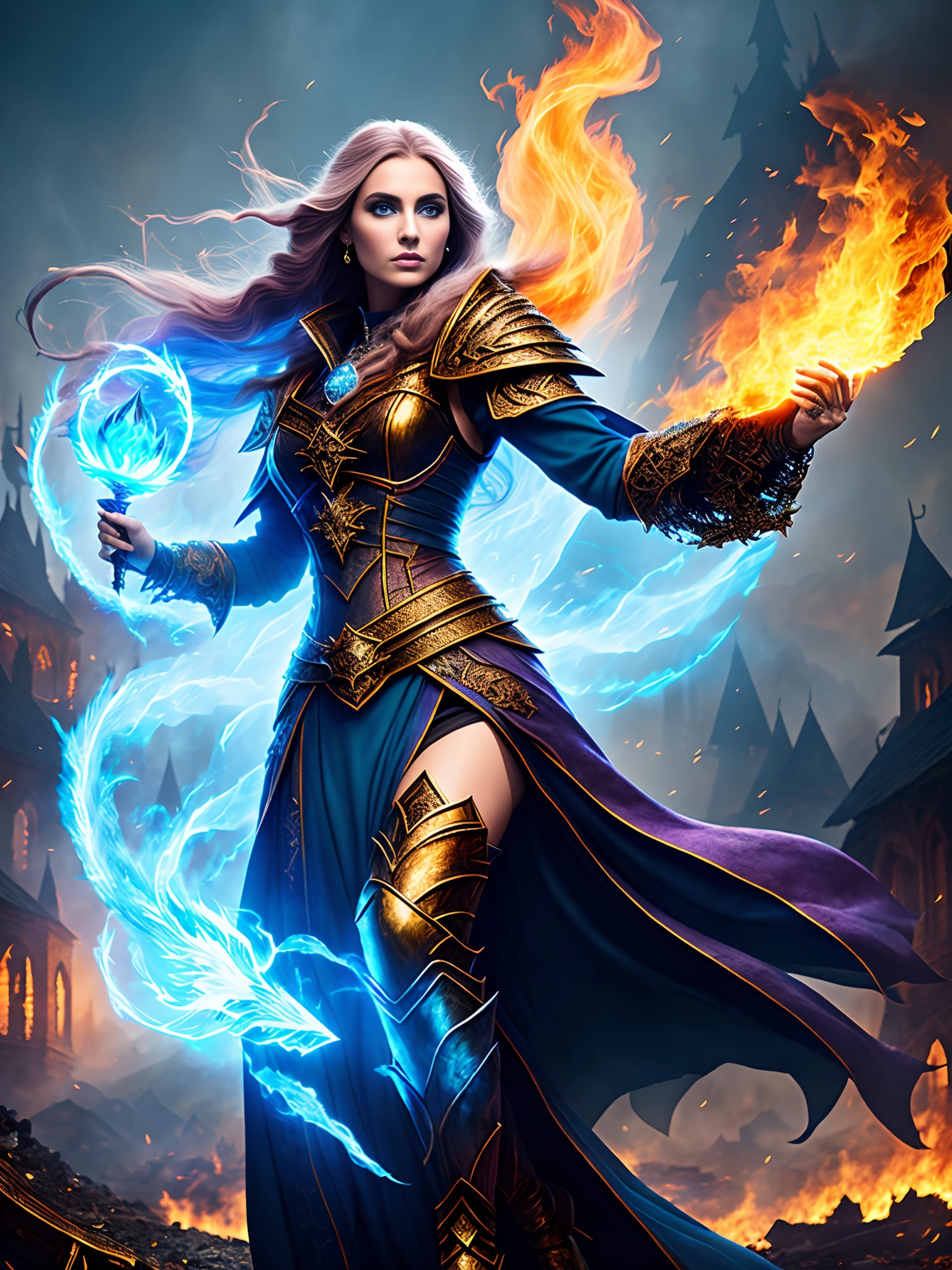 modelshoot style, full body, award winning digital art of a beautiful sorceress conjuring fire, in a burning and destroyed fantasy village, detailed blue eyes, magical, d&d, masterpiece, best quality, high contrast, soft lighting, backlighting, bloom, light sparkles, chromatic aberration, smooth, sharp focus, volumetric lighting, intricate clothes