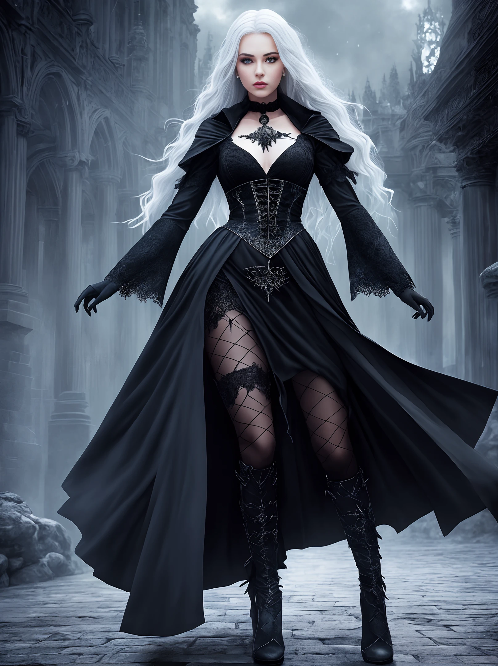 One Beautiful witch surrounded by magic lights, hyperrealistic face, hyperdetailed face, body shot, movement, walking forward, slow-motion, witch, beautiful, masterpiece, hdr, powerful, piercing blue eyes, detailed eyes, intricate details, hyperdetailed, high contrast, highres, perfect lighting, white hair, long hair flowing, unreal engine, magical energy balls around, perfect hourglass figure, volumetric lighting, Photorealistic, hyperrealistic, gothic clothing, dark fantasy, intricate background darkness and magic