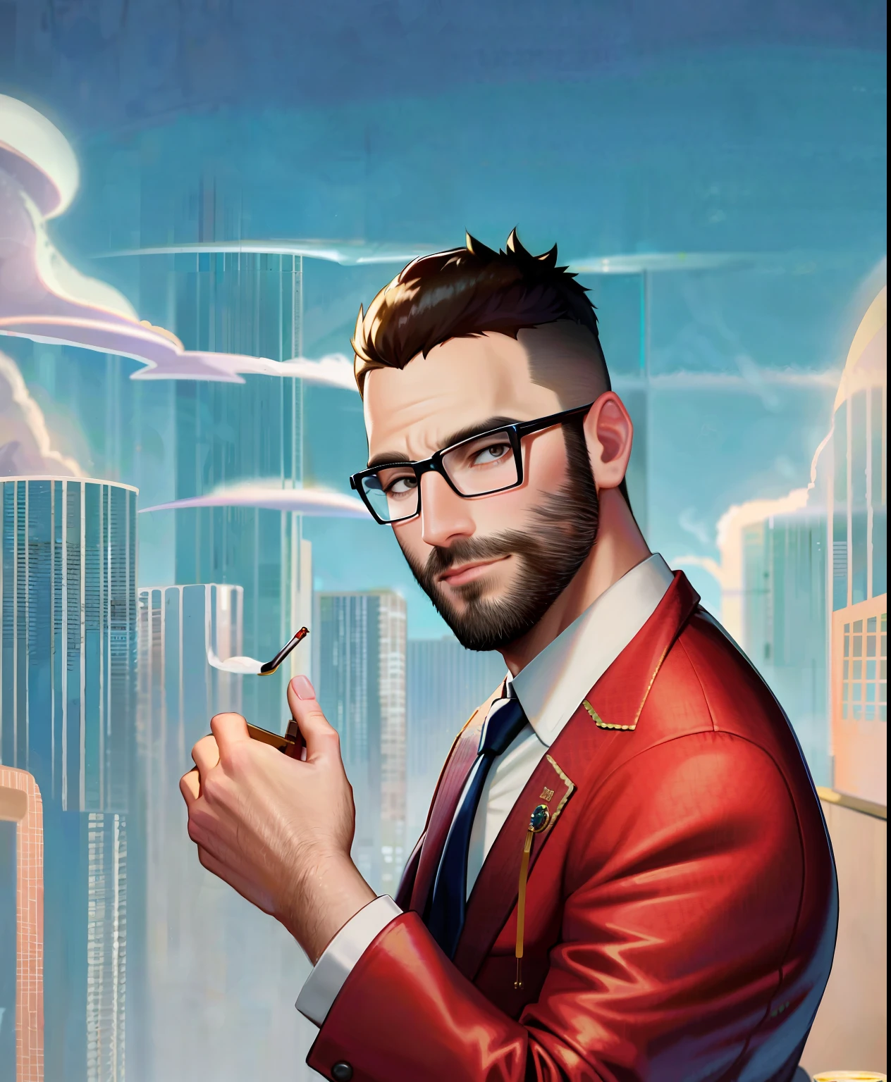 1man, middleage man, beard, (smoking:1.2), sitting on lounge chair, suit, glass of whiskey, lounge background