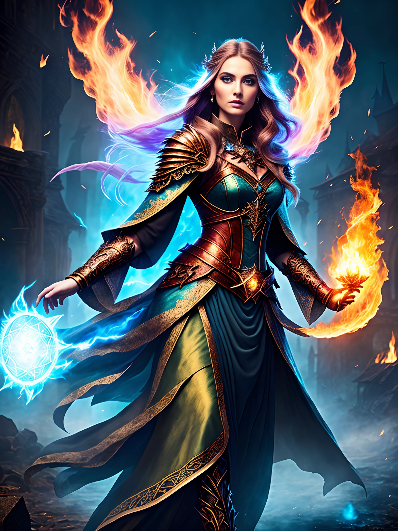 modelshoot style, full body, award winning digital art of a beautiful sorceress conjuring fire, in a burning and destroyed fantasy village, detailed blue eyes, magical, d&d, masterpiece, best quality, high contrast, soft lighting, backlighting, bloom, light sparkles, chromatic aberration, smooth, sharp focus, volumetric lighting, intricate clothes