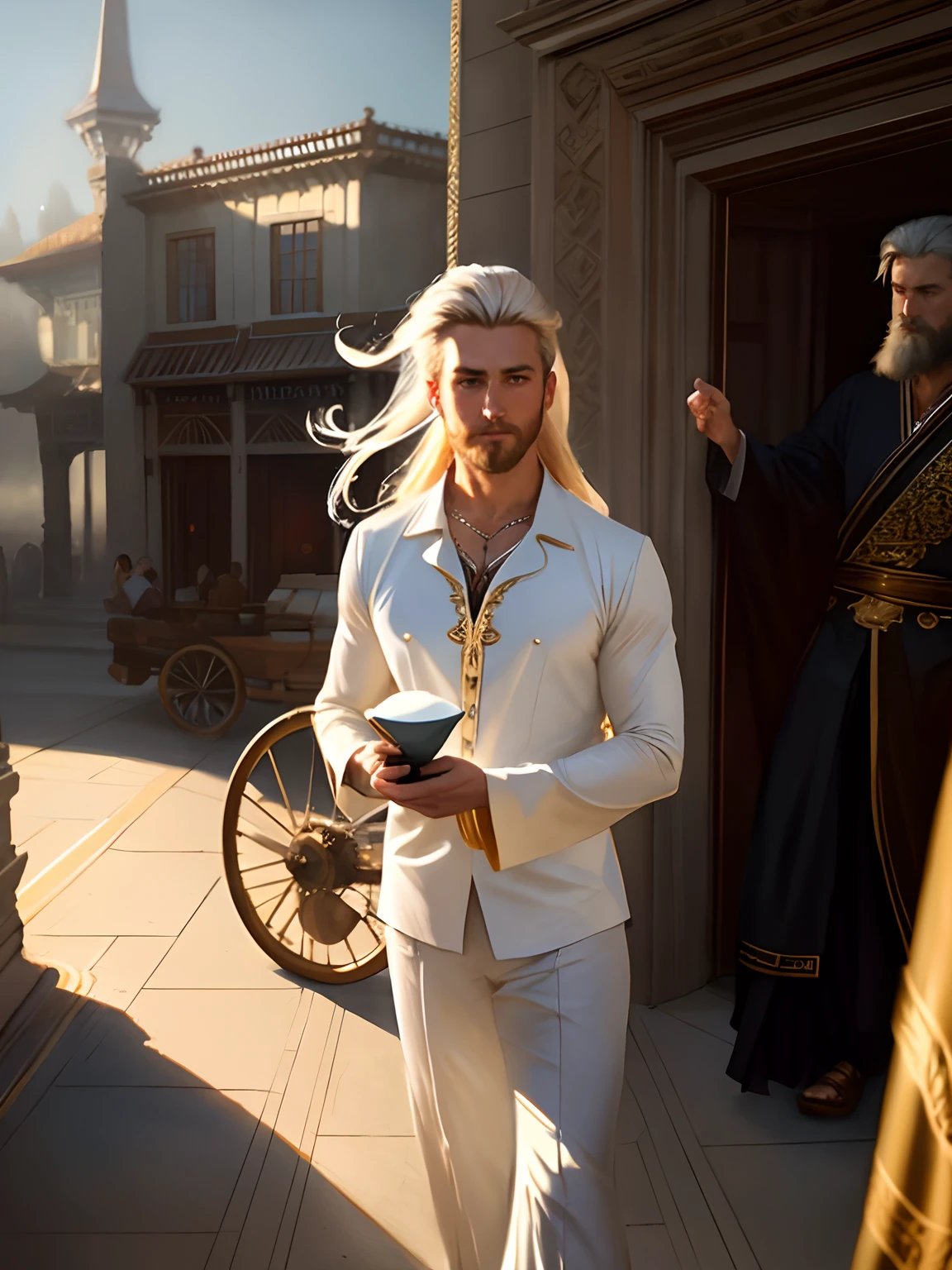 (masterpiece), (extremely intricate), photorealistic photo of a handsome male wizard, short beard, white wizard shirt with golden trim, white robe moving in the wind, long white hair, fully clothed, perfect face, handsome, (perfect composition:1.4), deviantart hd, artstation hd, concept art, detailed face and body, award-winning photography, margins, detailed face, professional oil painting by Ed Blinkey, Atey Ghailan, Jeremy Mann, Greg Manchess, Alex Gray, trending on ArtStation, trending on CGSociety, intricate, high detail, sharp focus, dramatic, award winning matte drawing cinematic lighting octane render unreal engine volumetrics dtx
