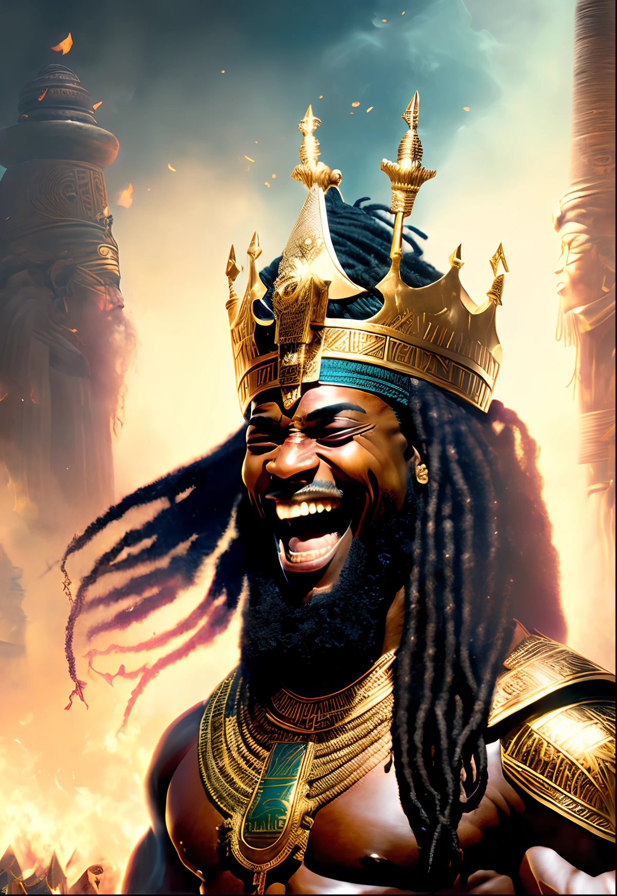 Highly (dynamic:1.2) scene art detailed (rutkowski:1.2), ((pharaoh crown of ramses II)), (laughing), handsome, (dark skin), ((long woven dreadlocks)) ((muscular)), (fantastic amazing decoration:1.2), explosive volumetric, Delightful anatomy, (fantastic god perfect art, 64k ultra hd:1.1), (art by apterus, art by dan mumford:1.2)