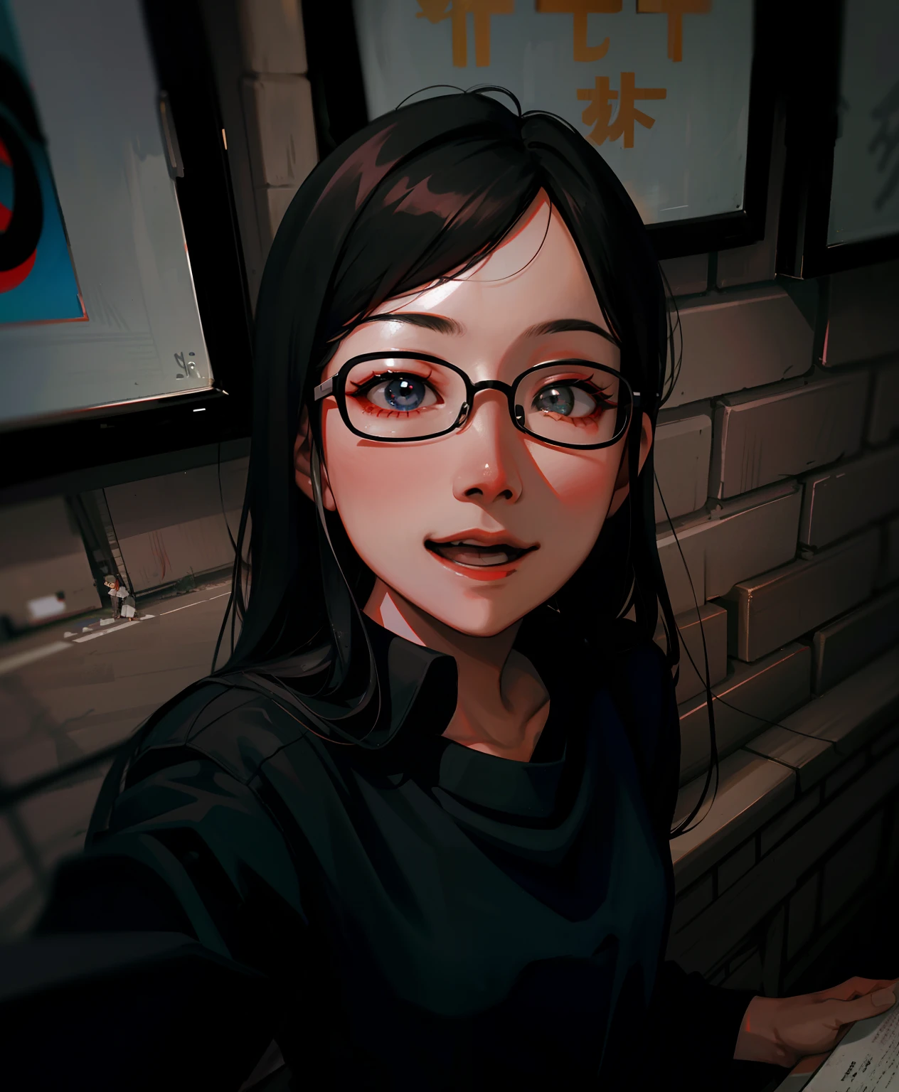 1 woman, wearing glasses, a picture inspired by Yao Tingmei, Reddit, happy, author li zhang, 30 years old, blackpink, wenfei ye, xintong chen,black cloth,fantastic, selfy, look at the viewer, smiling, beautiful eyes, high level makeup, long hair,