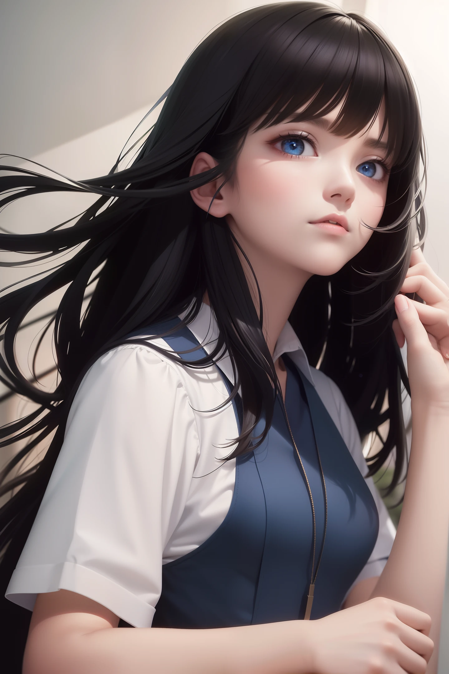school uniform , long black hair , big sharp blue eyes, anime style drawing