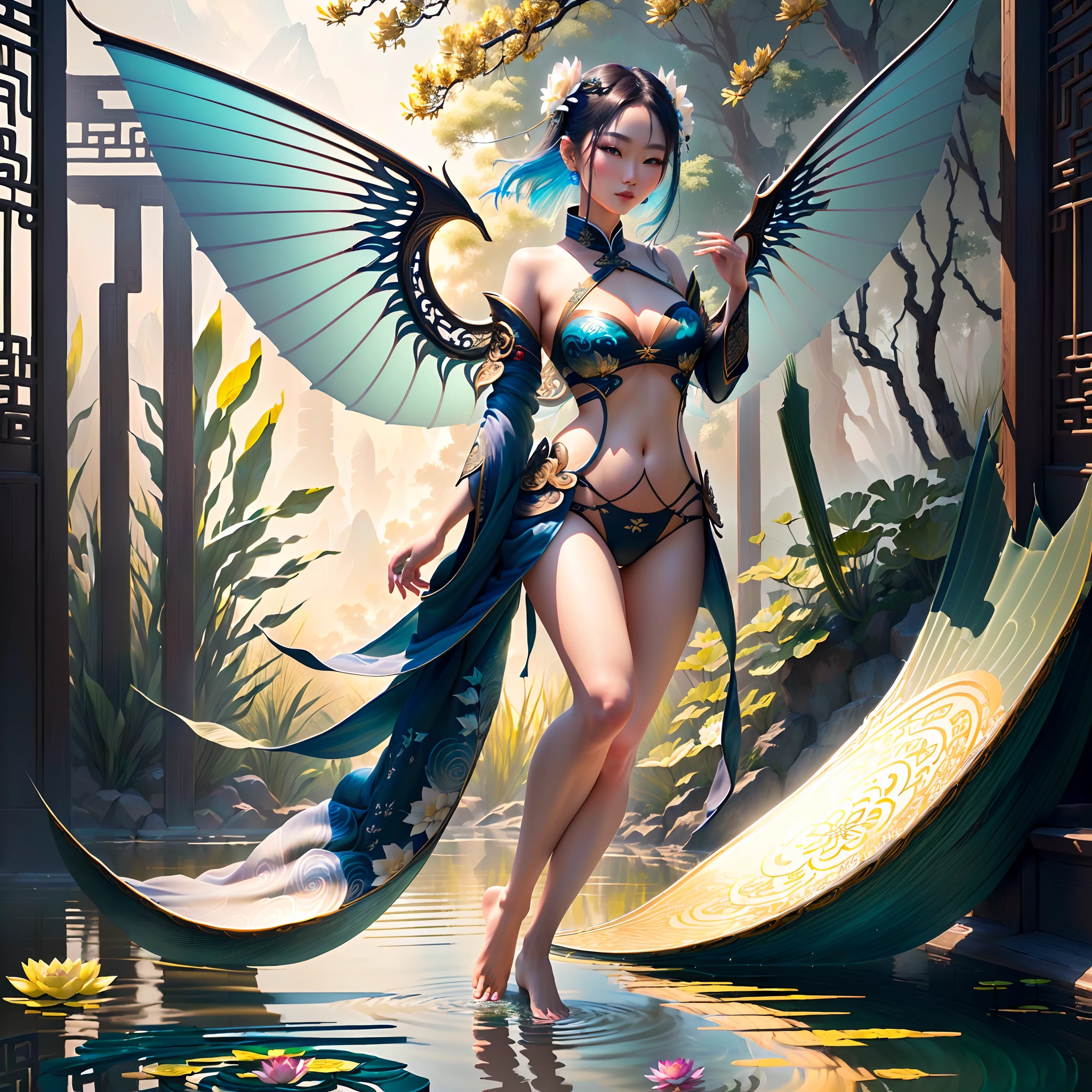 Modelshoot style, (very detailed CG unity 8k wallpaper), panoramic body photography, ancient China, in a lotus pond, there was a fish that looked like a fish but had wings. Intricate, high level of detail, sharp focus, drama, movement posture