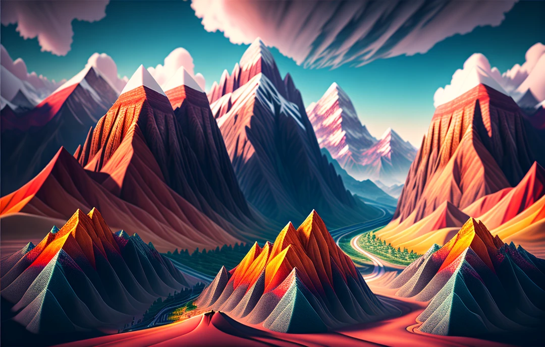 Admire spectacular views of the mountains from the perspective of a giant, colorful, 8K, ultra-realistic, highly detailed, octane rendering, Unreal Engine, symmetry, crazy lighting, studio photos, amazing views, Unreal 5, isometric, digital art, smoke, pollution, toxic waste, chimneys, and railroads, 3D rendering, octane rendering, volumetrics