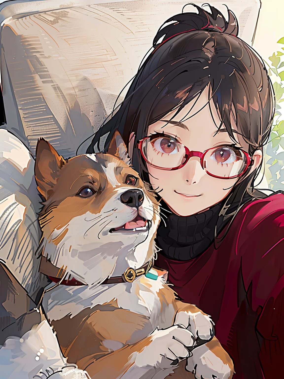 1 girl is smiling, 25 years old, wearing glasses and a red sweater laying on a couch with a corgi dog, a picture by Nishida Shun'ei, instagram, shin hanga, selfie of a dog, taken with sony alpha 9, taken with canon eos 5 d mark iv, taken with sony a7r camera, with dogs, with ivy, captured with sony a3 camera, # oc.