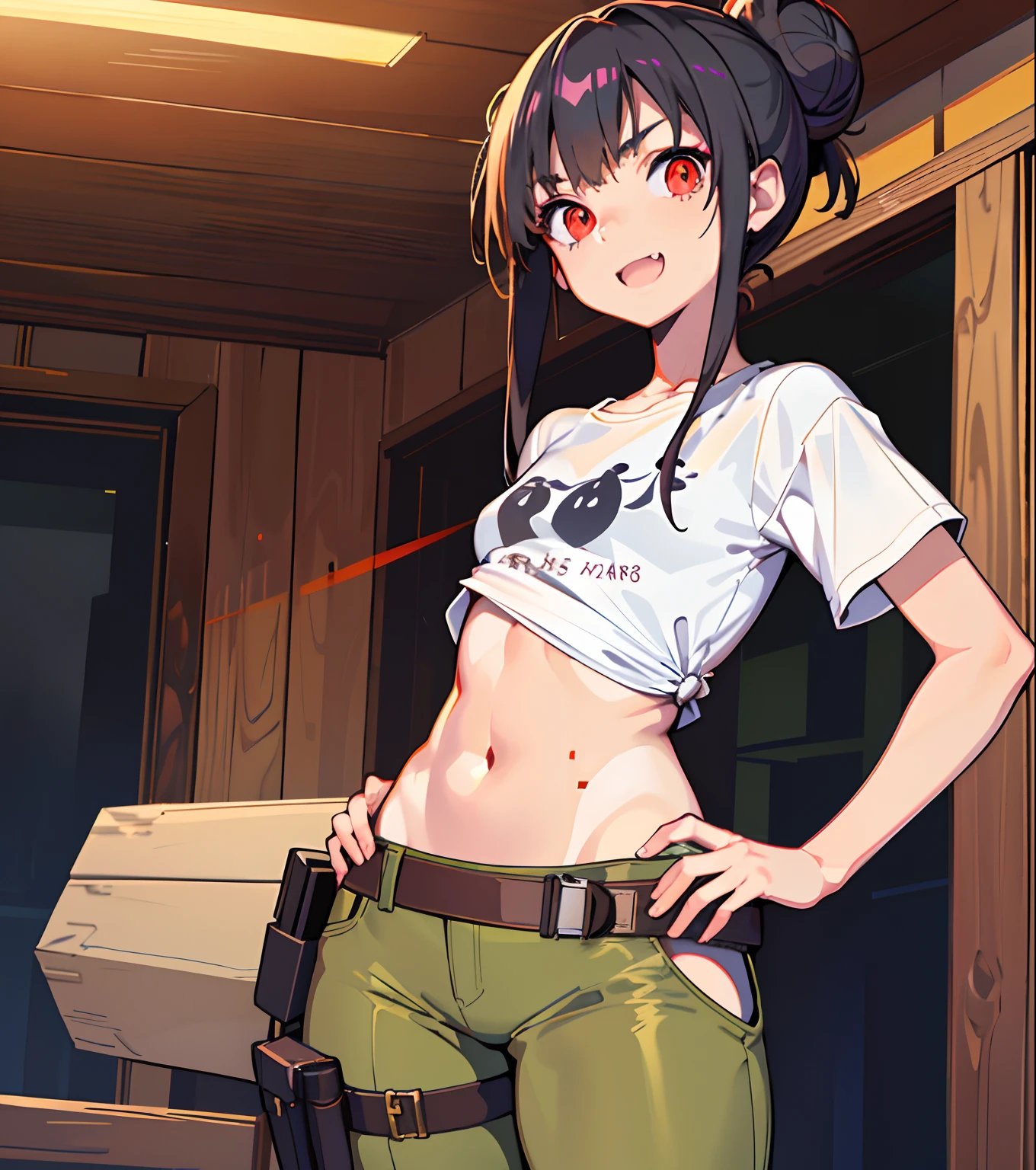 Mediterranean Girl, (clear eyes), (detailed iris), (open mouth), (fang), (tsundere), (smirk), (hands on hips), (dark hair), (messy bun), (vibrant eyes), (red eyes), (tonned skin), (subtle tan), (olive skin), (delicate features), (T-shirt), (small chest), (large hips), (green military pants), (military holster), (thick thighs), (thin waist). cozy orange log cabin interior background. Tatsuya Endo, Greg Rutkowski, Pixiv, Artstation