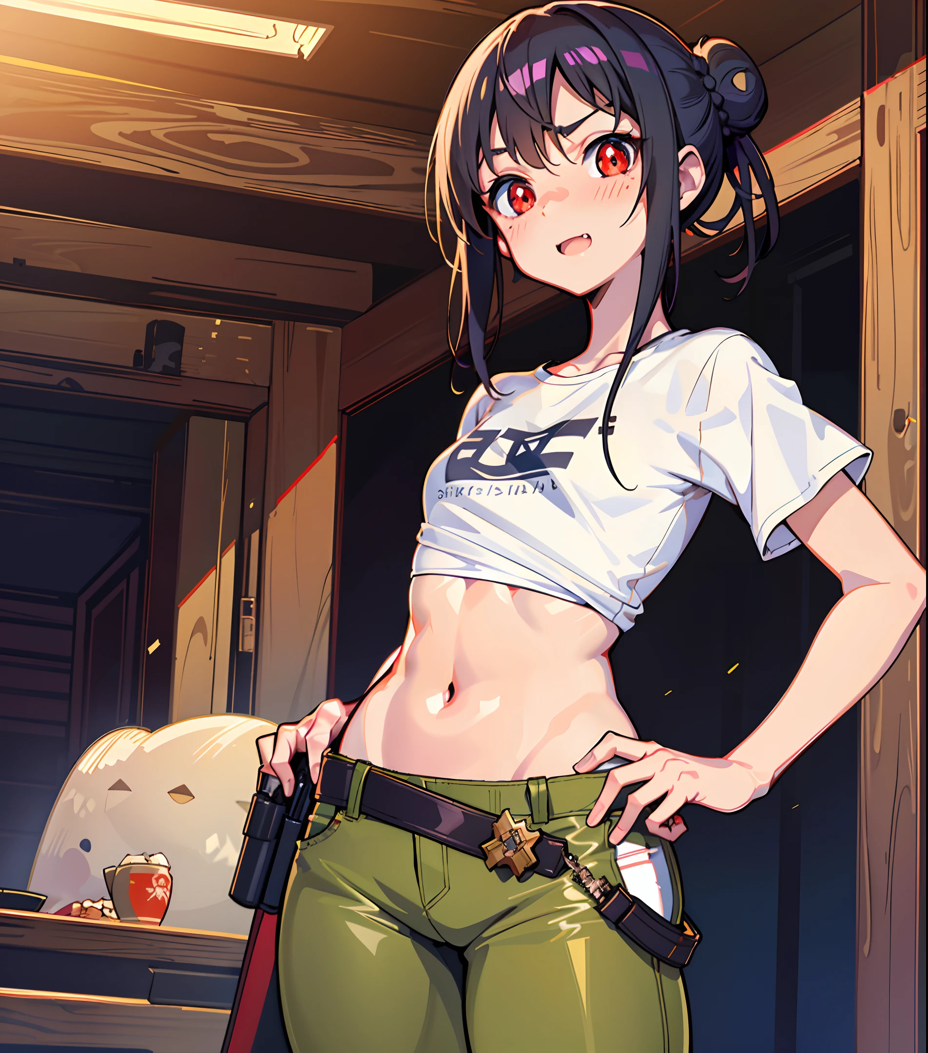 Mediterranean Girl, (clear eyes), (detailed iris), (flustered), (blushing), (open mouth), (fang), (tsundere), (smirk), (hands on hips), (dark hair), (messy bun), (vibrant eyes), (red eyes), (tonned skin), (subtle tan), (olive skin), (delicate features), (T-shirt), (small chest), (large hips), (green military pants), (military holster), (thick thighs), (thin waist). cozy orange log cabin interior background. Tatsuya Endo, Greg Rutkowski, Pixiv, Artstation