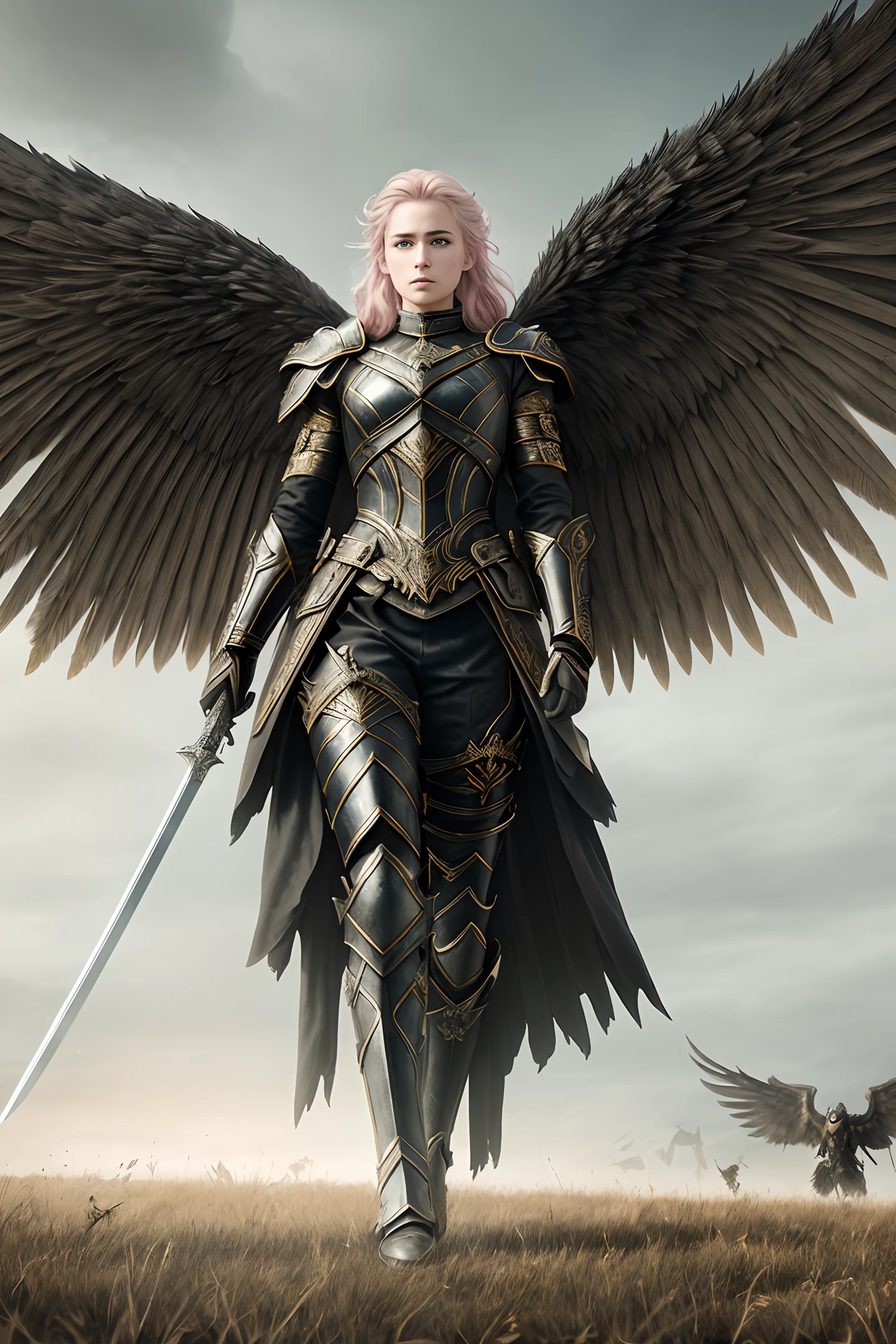 Masterpiece, ((post-apocalypse)), Dark fantasy, beautiful woman valkyrie, sword in hand, light halo, movement, walking forward, caucasian, beautiful features, perfect hourglass figure, feminine traits, intricate details, piercing blue eyes, very detailed eyes, white and pink hair flowing, high-quality, HDR, hyperrealistic, hyperdetailed, unreal engine, fierce, black and gold armor style cloth, standing in middle of battlefield, big black wings, feathers, front right side view, ghostly figures in the background, creepy atmosphere HDR, hyperrealictic, ((intricate details)), ((intricate details, hyperdetailed)), cinematic, volumetric lighting, Photorealistic