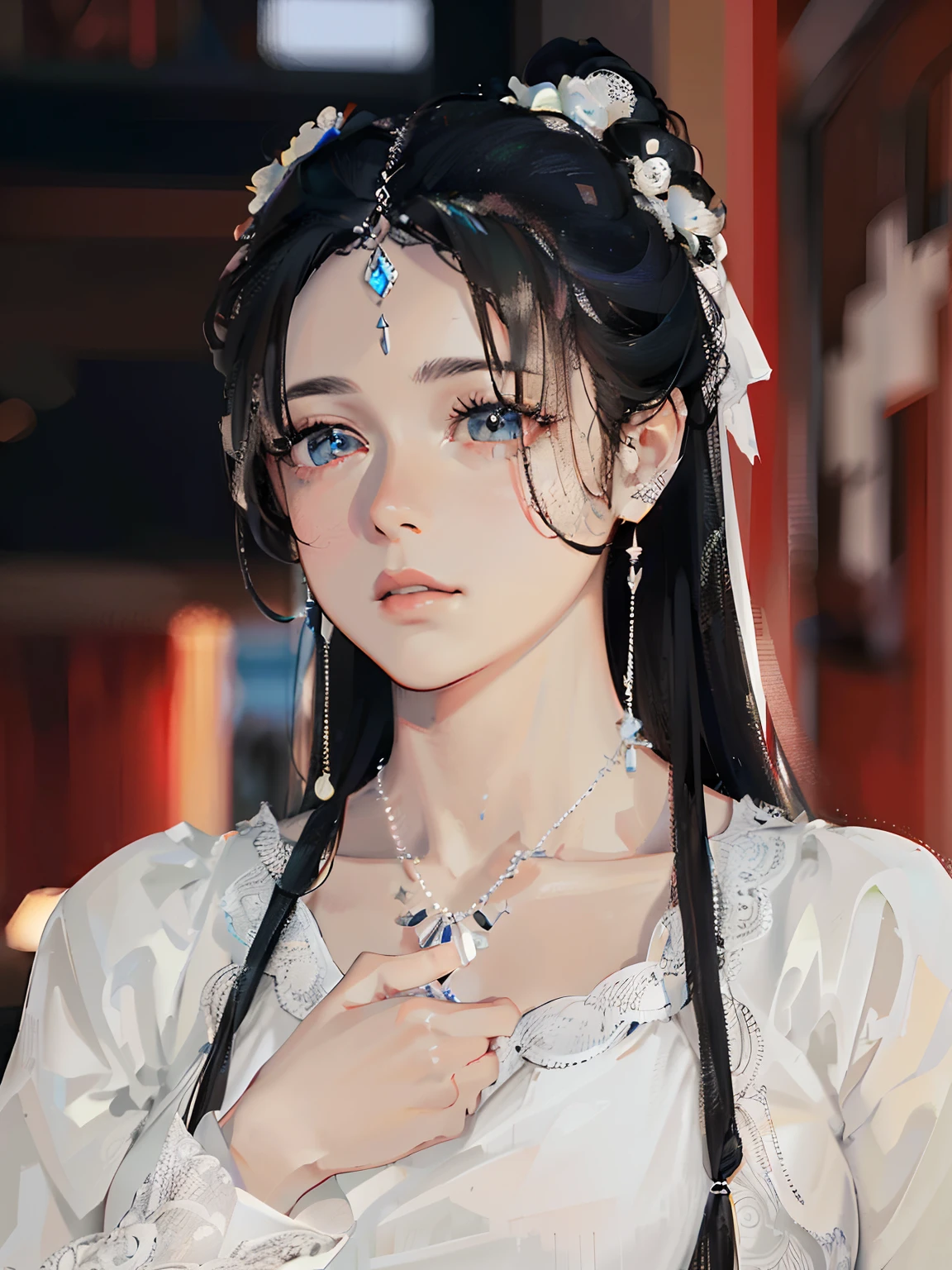 (Masterpiece, Monochrome, Color: 1.0), (Highest Quality: 1.2), (Ultra High Quality: 1.1), Masterpiece, Best Quality, (Very Detailed CG Unity 8k Wallpaper), (HD Details), (Best Illustration), (Best Shading), Realistic Lighting, Costume Girl, Girl Portrait, Satin Dress, Jewelry, Red Lips, Beautiful, Big Eyes,