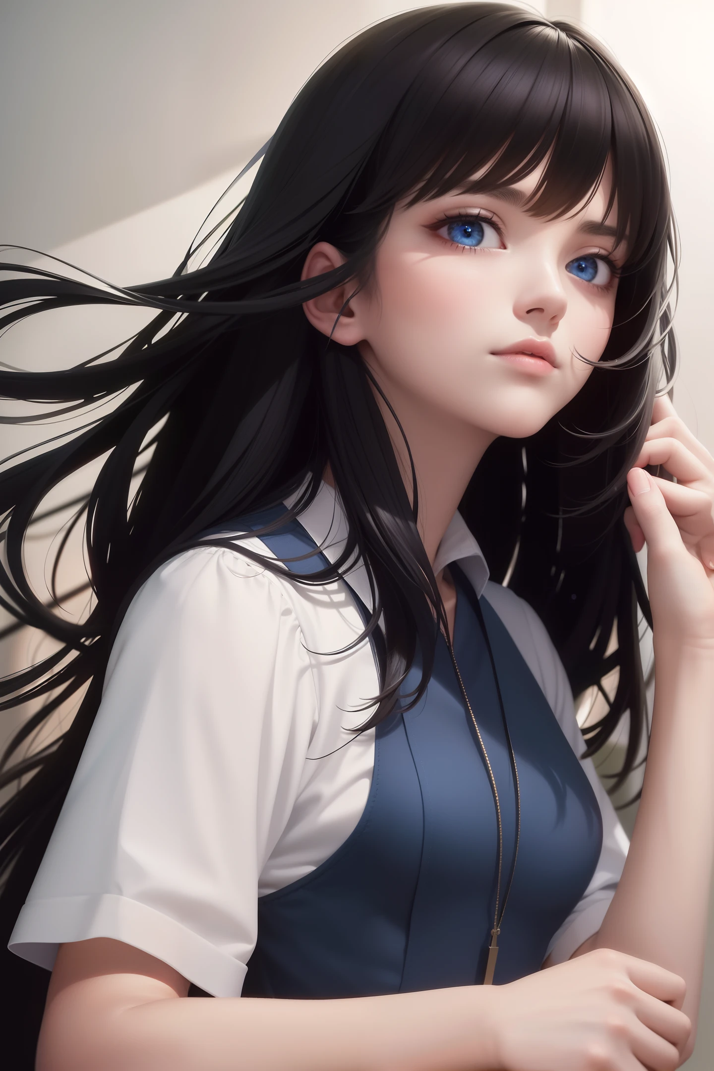best quality, masterpiece, black hair, blue eyes, look up, upper body