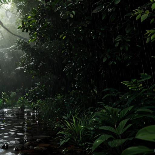 Jungle, heavy rainfall, monochrome, vines everywhere, huge and humid trees, masterpiece, best quality, high quality, very detailed CG unified 8k wallpaper, oil painting, award-winning photography, bokeh, depth of field, HDR, bloom, color difference, realism, very detailed, trends on artstation, trends on CGSociety, intricate, high detail, drama, midjourney art, volumetric lighting