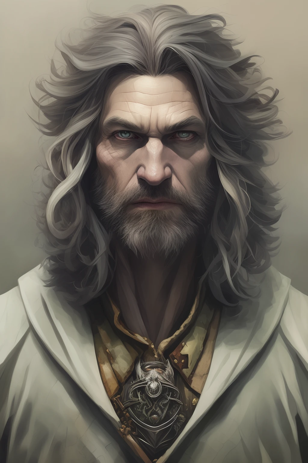 High Angle detailed ((dnd druid man portrait)), Continued , HD, (oil painting:1.1), (comic book art style:1.5),(inked outline:1.3), Stunning, Character, Portrait, (((Looking Sideways))), angular features, (dark grey Graduated Bob Hair), (muted natural colors:1.3) in painterly style by Jean Baptiste Monge