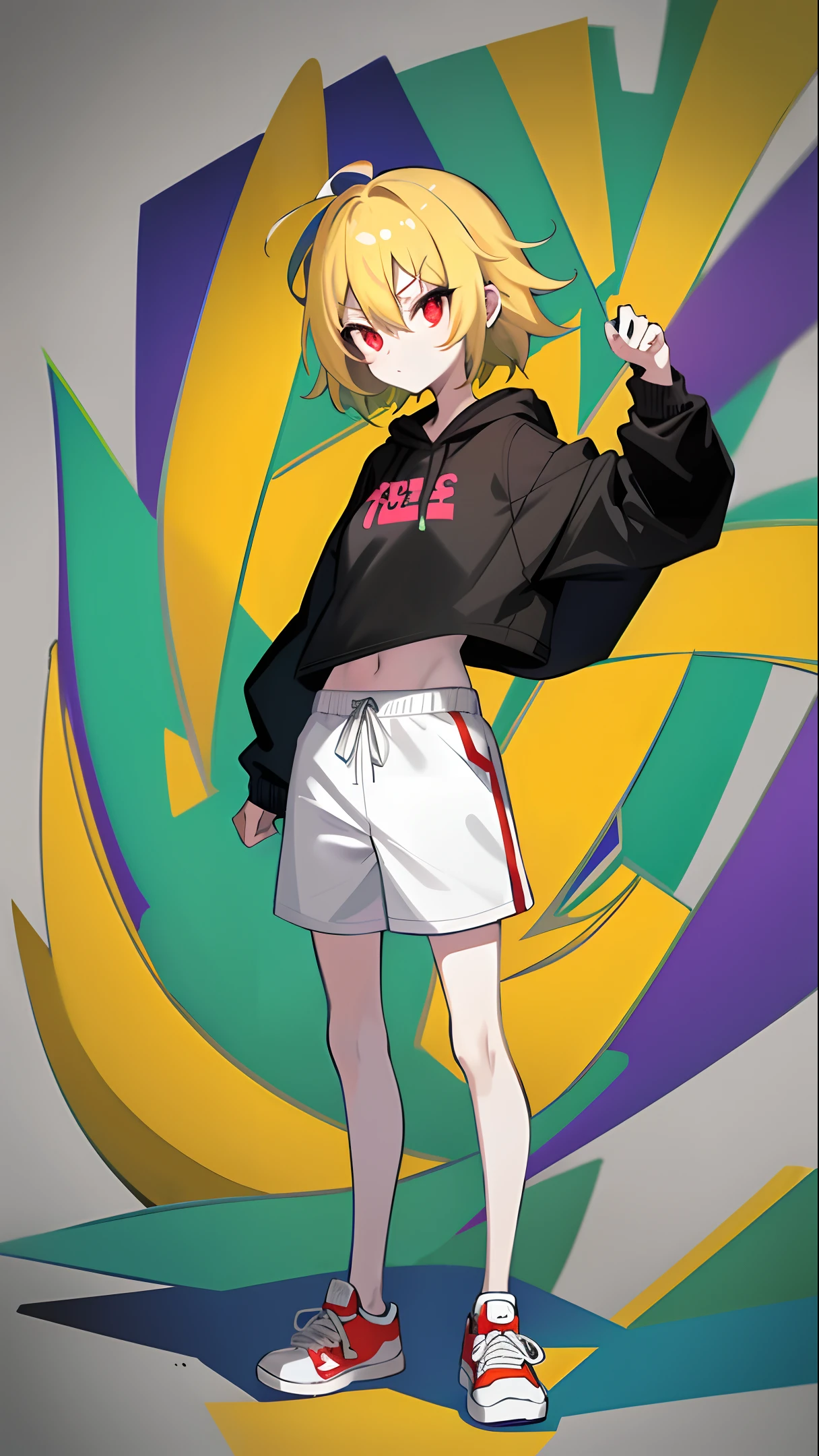 masterpiece, 1girl, full body, no background, simple background, colorful, game art, delicate facial features, cute, slender, small breasts, flat color, neon, blond hair, orenge oversized hoodie, t-shirt, three quarter pants, sneakers, red eyes